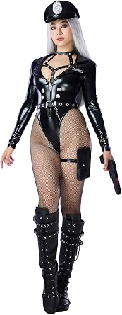 Mobbunny Women Sexy Police Cosplay Costume Halloween Black Bodysuit Cop Bodycon Uniform Lingerie with Hat