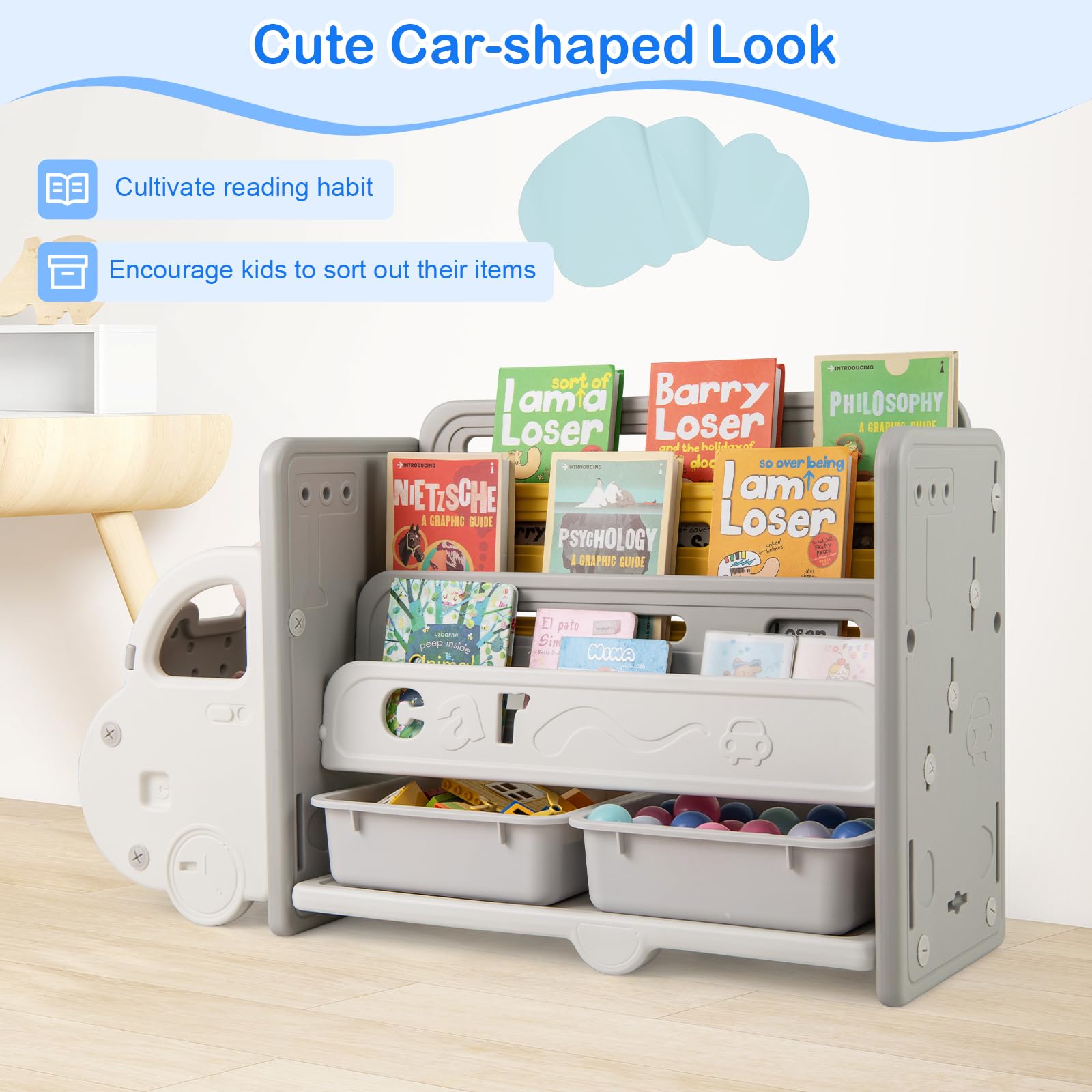 COSTWAY Kids Storage Organizer Car Shaped Toy Cabinet HDPE Storage Shelves