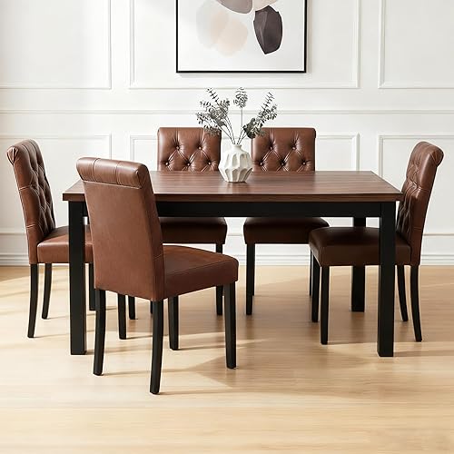 Miniatura 14 de Juego de 4 sillas de comedor de cuero PU, sillas de cocina tapizadas estilo granja, sillas de acento modernas, sillas laterales Parsons de madera