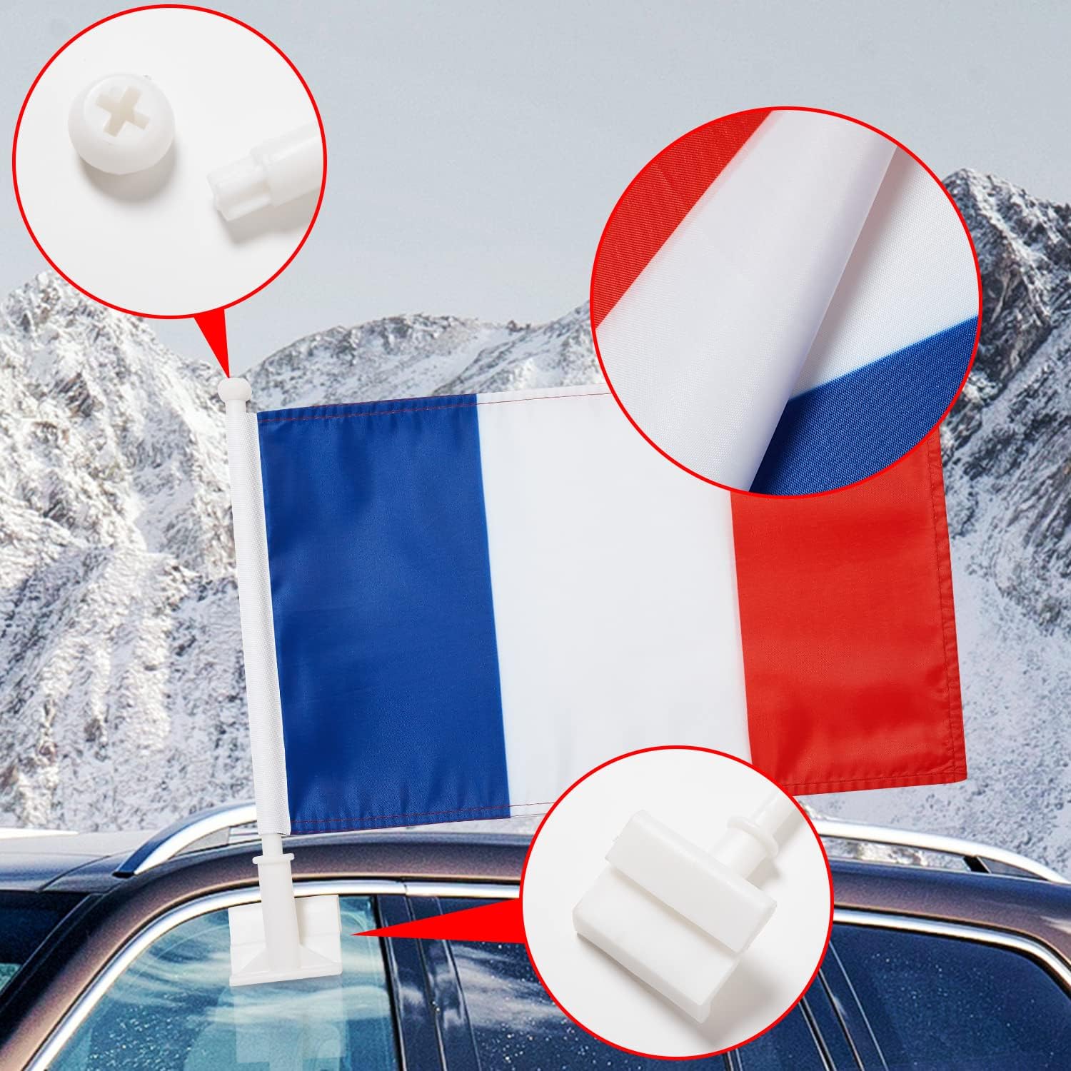 2 Pack Car Flags,France Flag Outdoor with French Flag and Pole, Car Logo Window Clip Can be Clipped to Most Windows 14 inch Pole and 16 x 10 inch Double Sided image 3