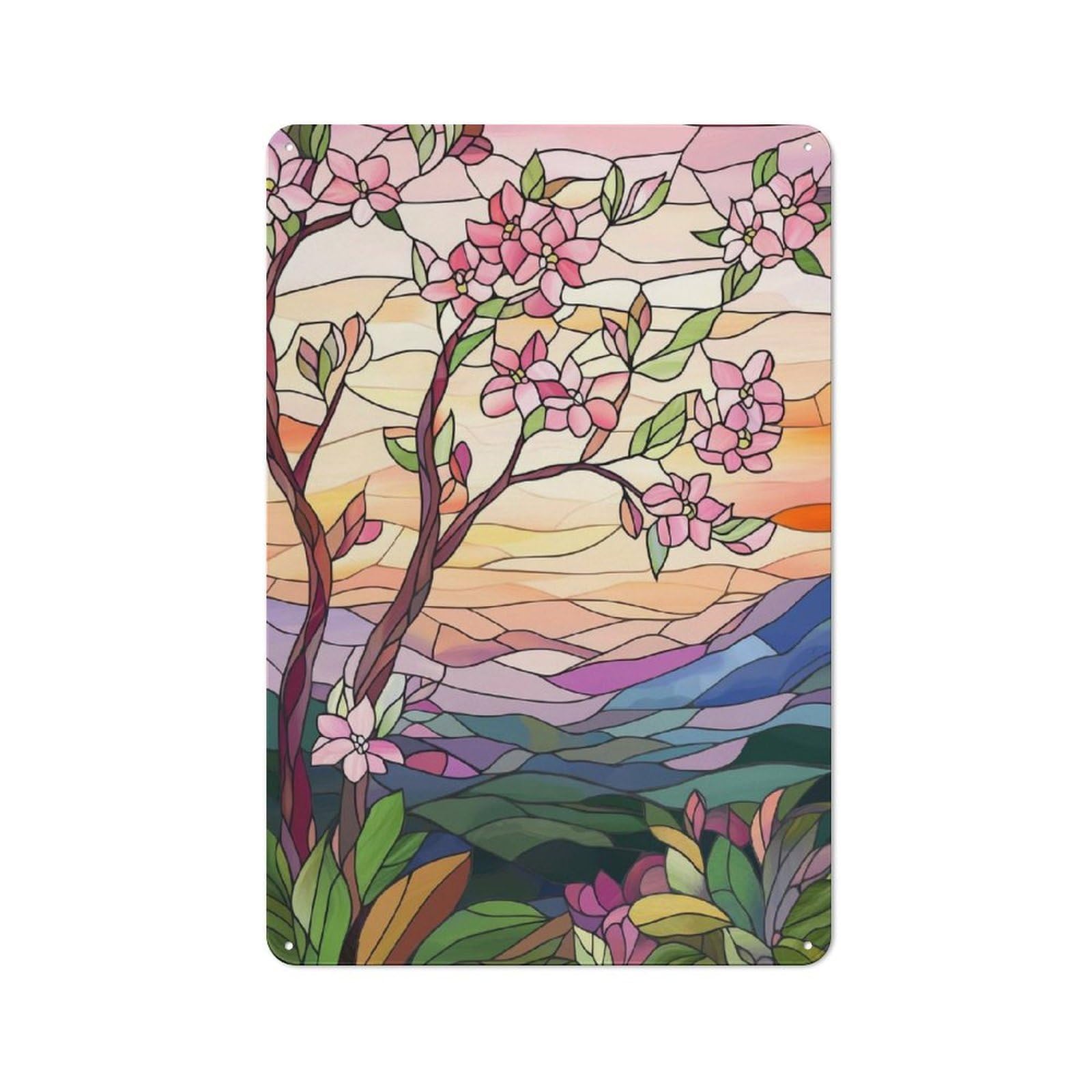Junmoney Style-20 Stained Glass Sunset Landscape(2) Rustic Printed Metal Sign 30X20cm For Garage Or Workshop, For Garage, Workshop And Man Cave Decoration