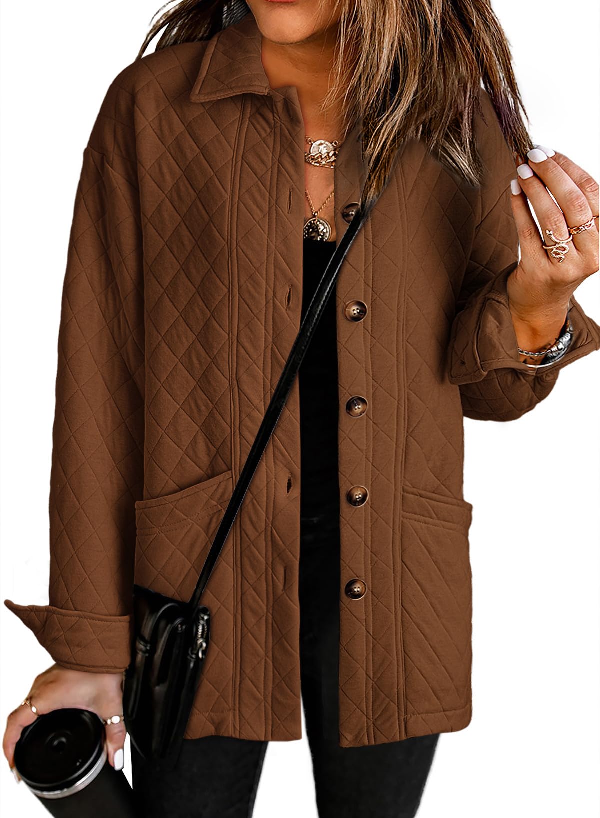 Dokotoo Casual Quilted Jackets for Women Button Down Collared Long Sleeve Coats with Pockets