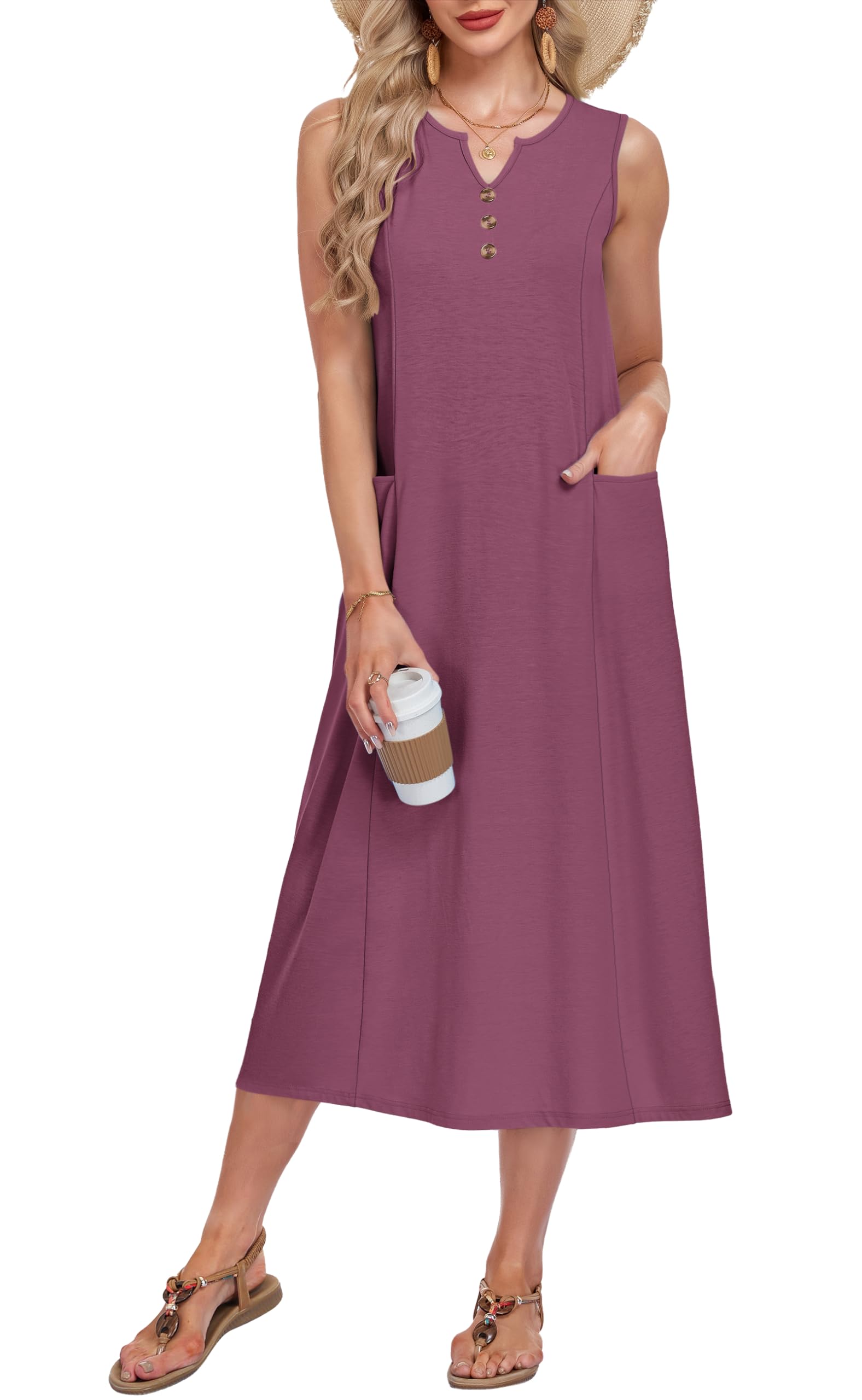 MOLERANI Womens Casual Midi Dress V Neck Sleeveless Summer Beach Button Down Dresses with Pockets 2026