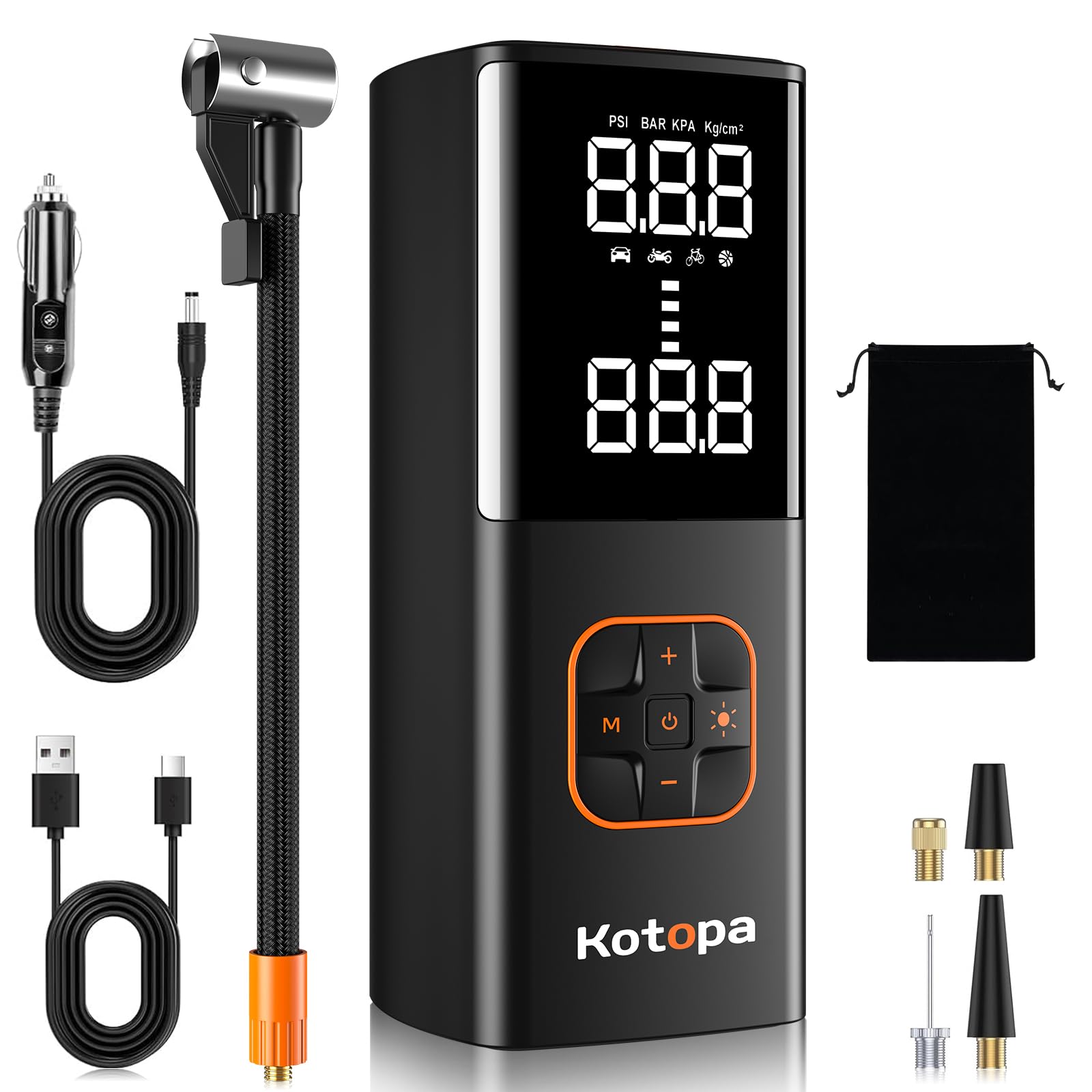 Kotopa Elektrische Luftpumpe, 150 PSI Akku Kompressor mit 4 Betriebsmodi, Powerbank und eine Notleuchte, Auto-Stopp, Akku Luftpumpe für E-Bike, Auto, Motorrad, Elektrorollern, Bälle