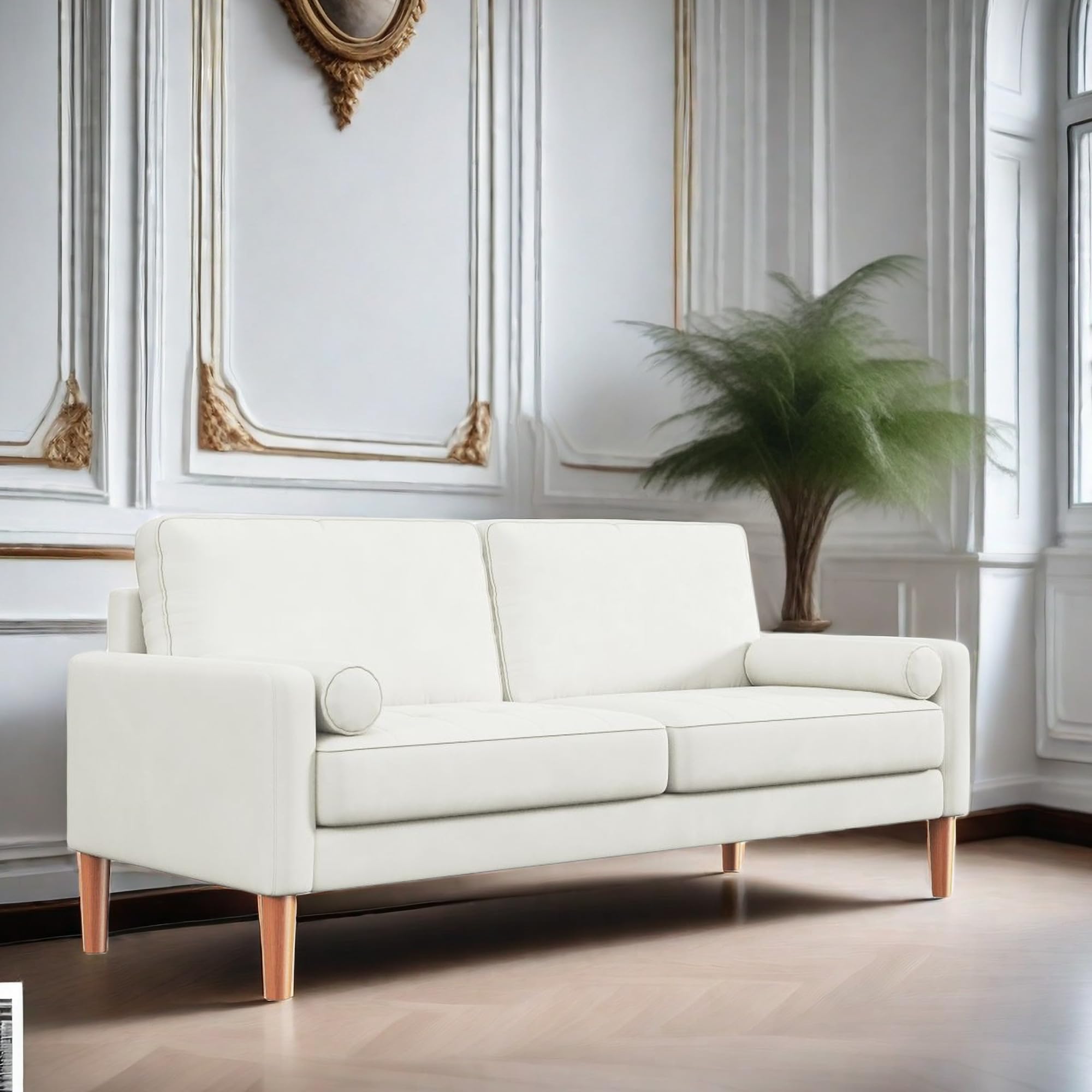 68-Inch Modern Lounge Sofa, Fabric Velvet with 2 Bolster Pillows, High Density Foam Seat Cushions, Track Arms for Living Room, Bedroom, Apartment 3-Seater Sofa (White)