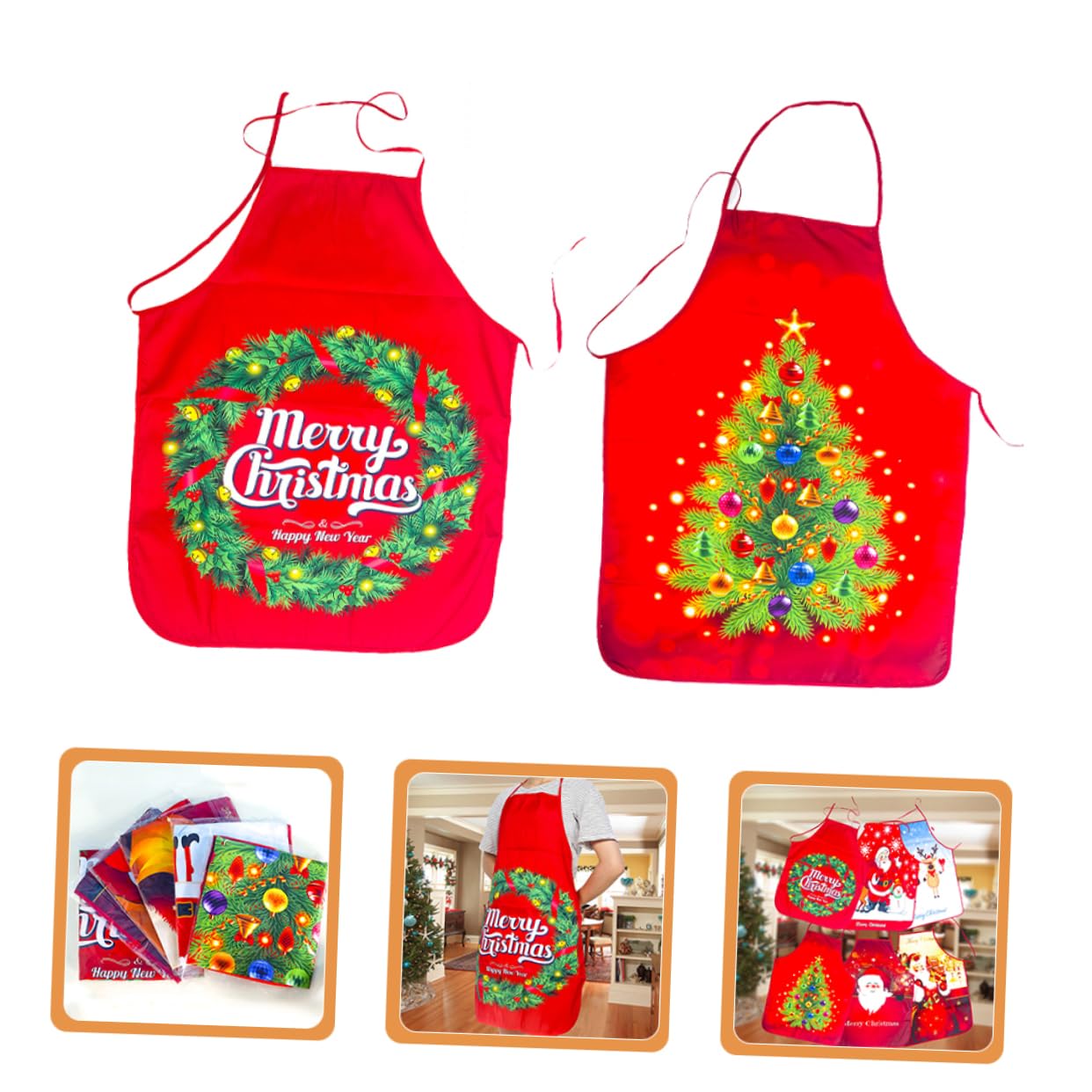VALICLUD 10 Piezas Delantales Navideños Rojos para Adultos Estampados de y Árbol de Navidad Decoraciones para Cocina y Fiestas Ajustables y Lavables Unisex
