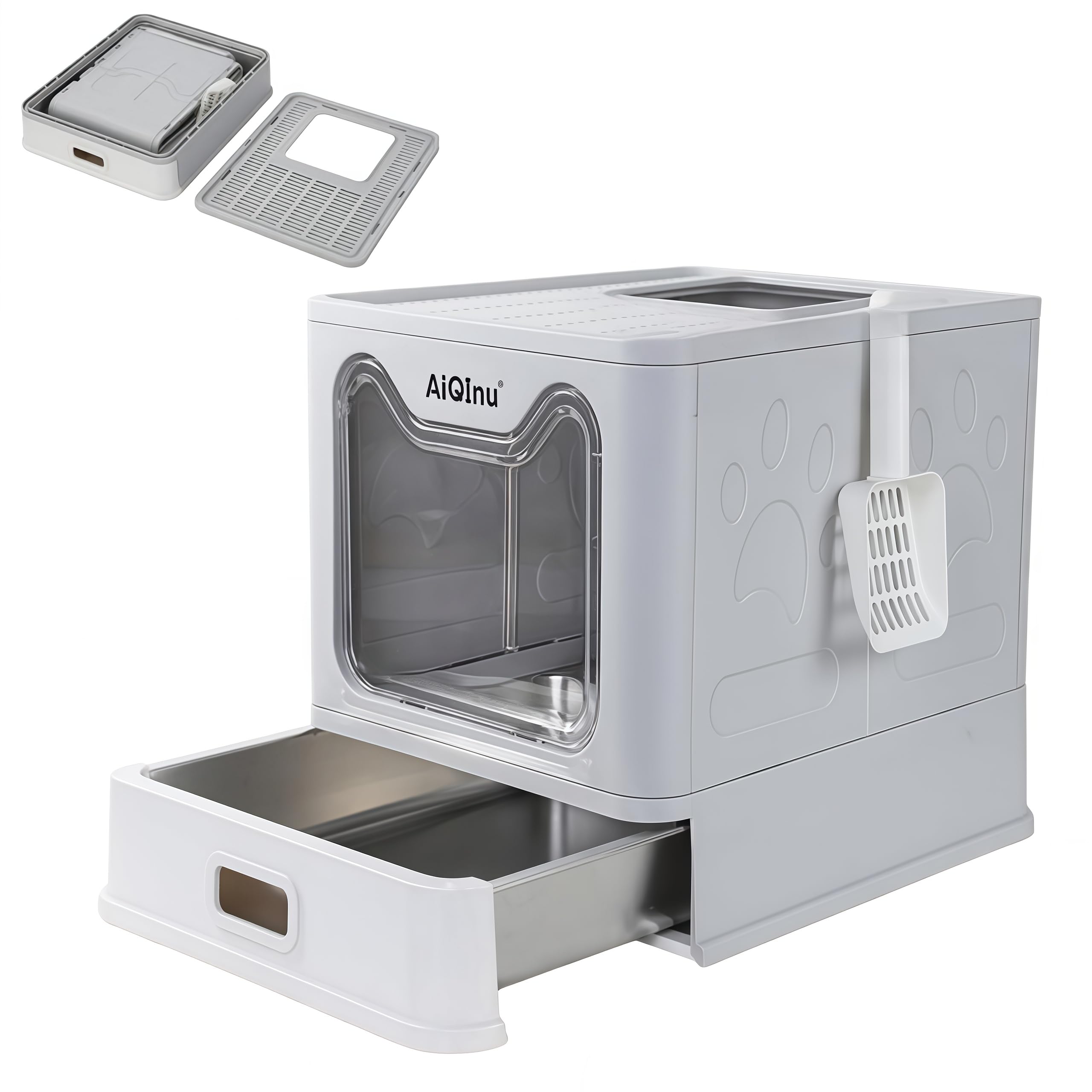 AiQInu Caja de arena plegable de acero inoxidable con tapa para gatos de hasta 20 libras | Caja de arena grande de metal cerrada con lados altos, antifugas y control de olores, fácil de limpiar