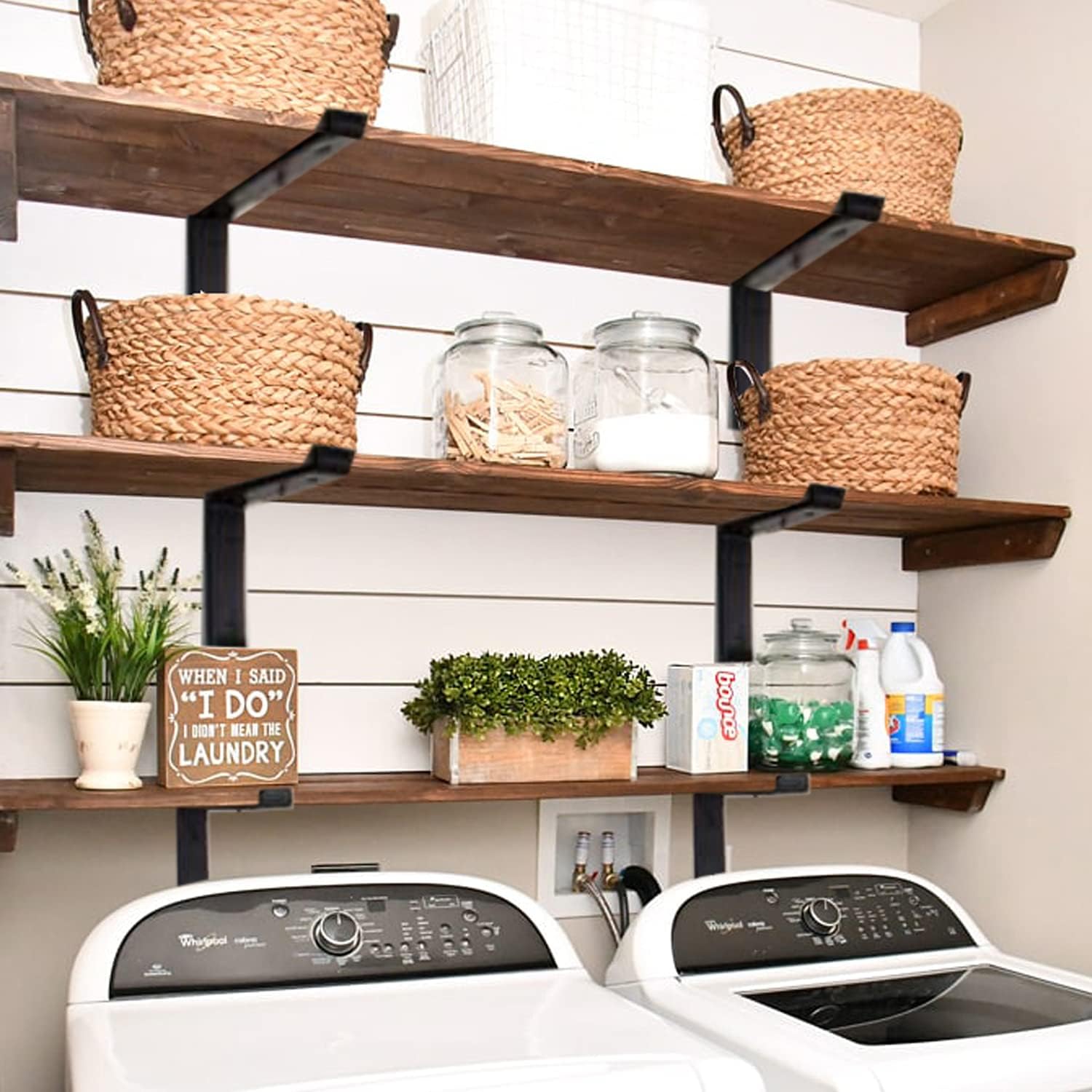 Rustic Wood Floating Shelves - 12 Inch Black Heavy Duty Farmhouse Brackets - 6 Pack