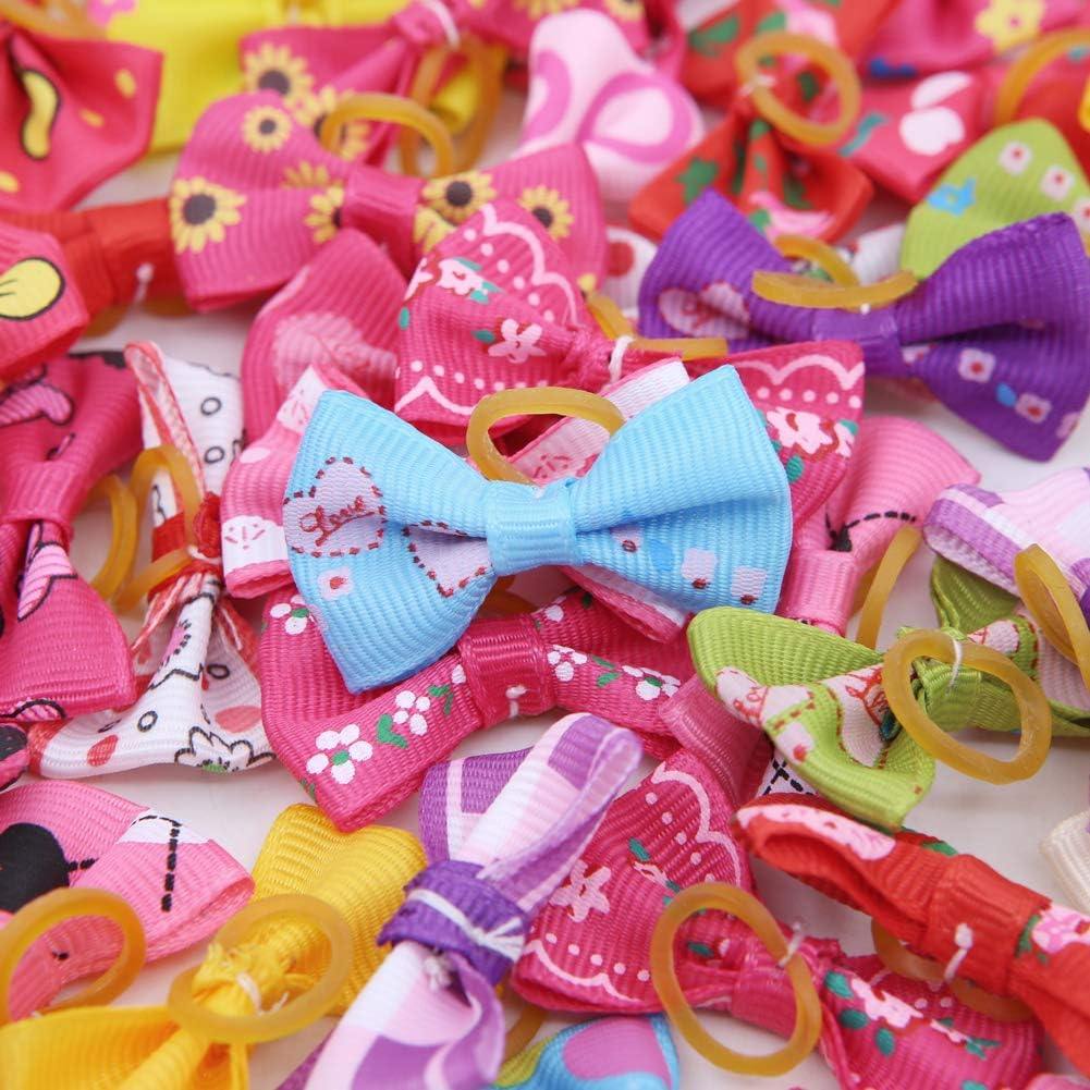 50 Pieces Assorted Dog Hair Bows with Rubber Elastic Bands, Cute Patterns Grooming Accessories for Small Dogs, Cats and Puppies 2