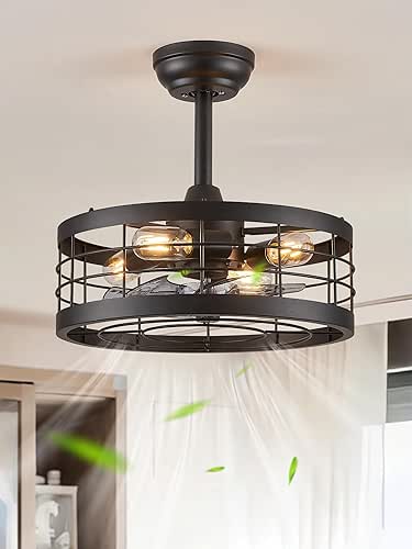 LEDIARY 16.5 inch Black Caged Ceiling Fan with Light, Fandelier