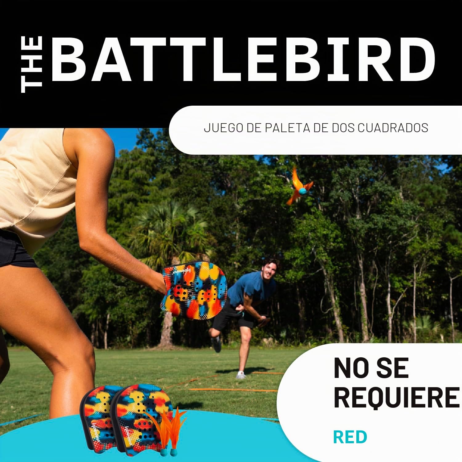 Waboba Battle Bird - Rethink Your Paddle Game - El Juego de Patio Trasero Incluye: 2 Palas portátiles, 2 pájaros pequeños y una cancha fácil de Instalar con estacas - Tamaño 200 x 120 x 228 mm