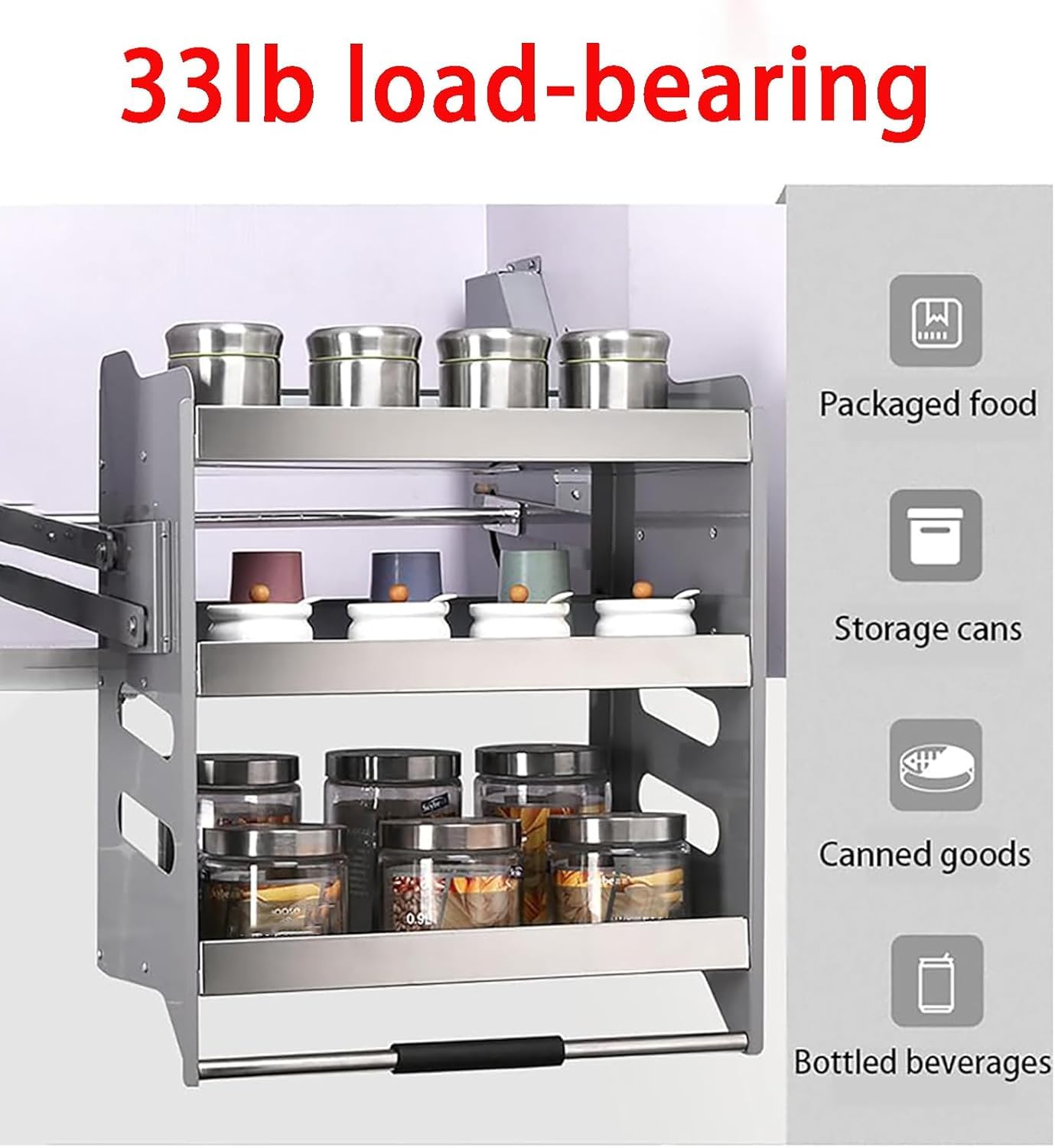 Organizzatore per armadietti a scomparsa resistente, sistema salvaspazio da cucina, per casa, bar e bar, capacità di carico 20 kg (46 x 28 x 63 cm), facile accesso e design durevole