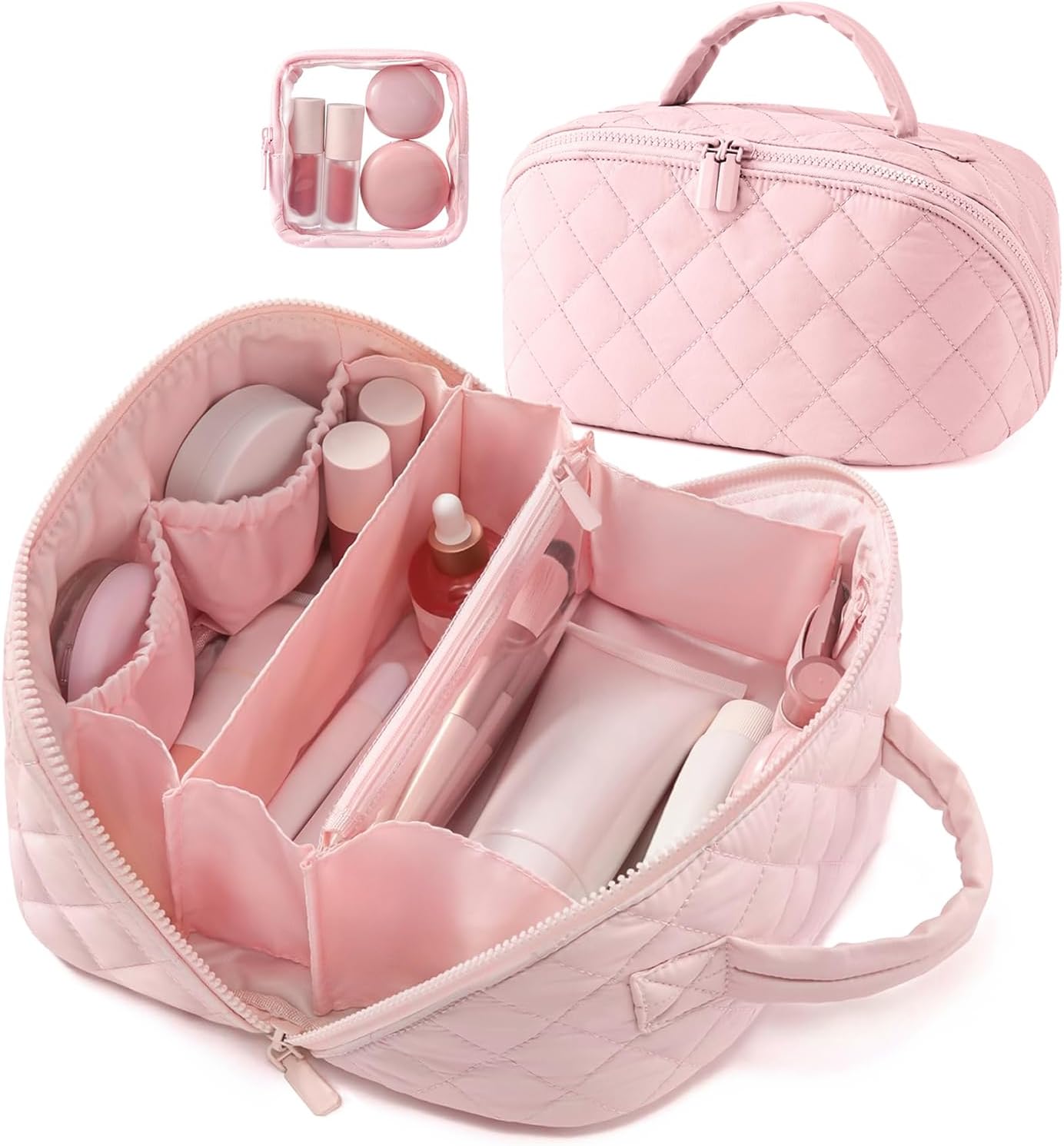 Makeup Bag,Wideopen Toiletry Bag for Women, 180° Lay-Flat Water-Resistant Large Cosmetic Case, Puffy Padded Travel Organizer for Toiletries & Brushes Large Capacity with Compartments