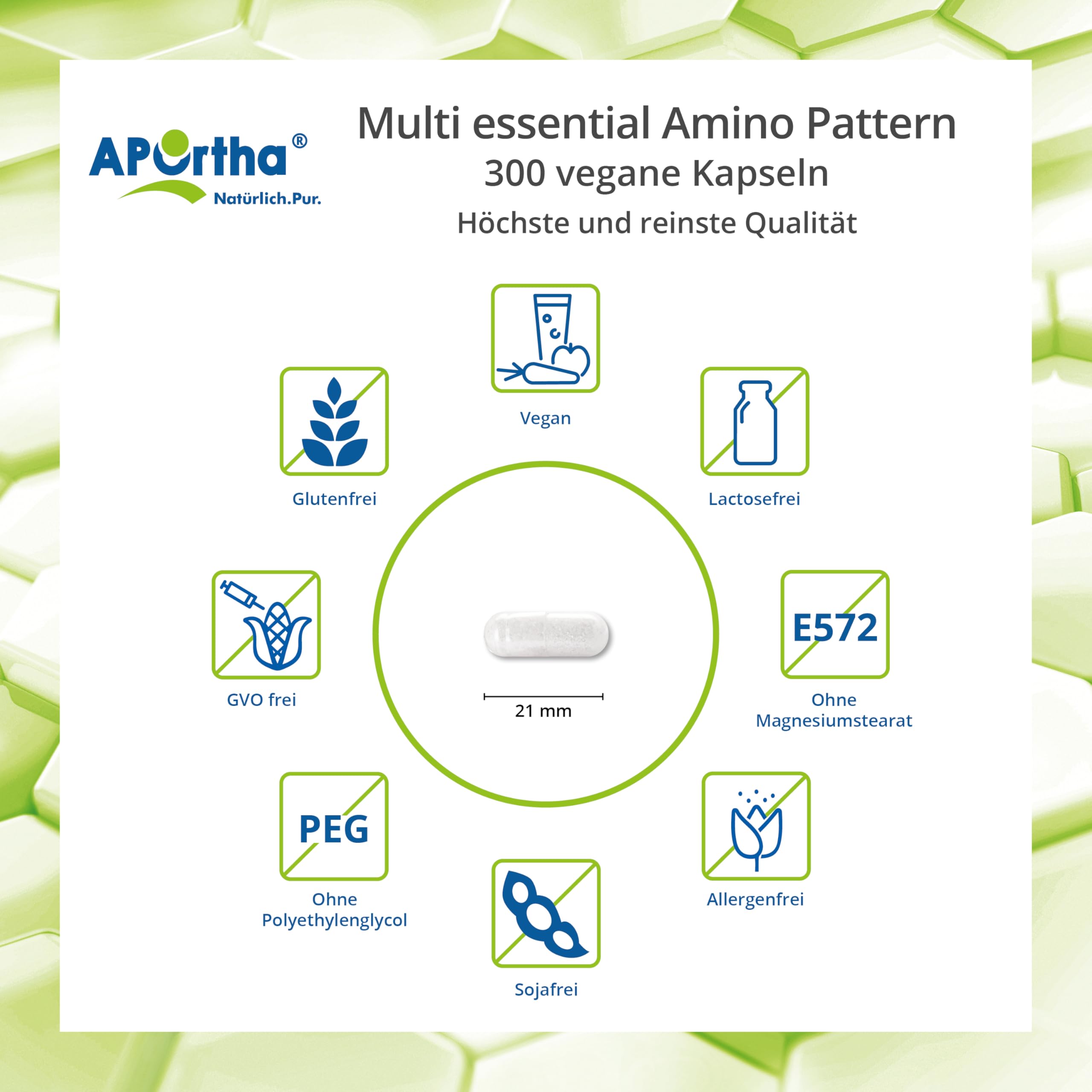 APOrtha® Multi Essential Amino Pattern – 300 Kapseln mit 8 essentiellen Aminosäuren nach Prof. Dr. Lucà-Moretti, ausgewogenes Aminosäuren-Profil, EAA Kapseln, vegan, ohne Zusätze