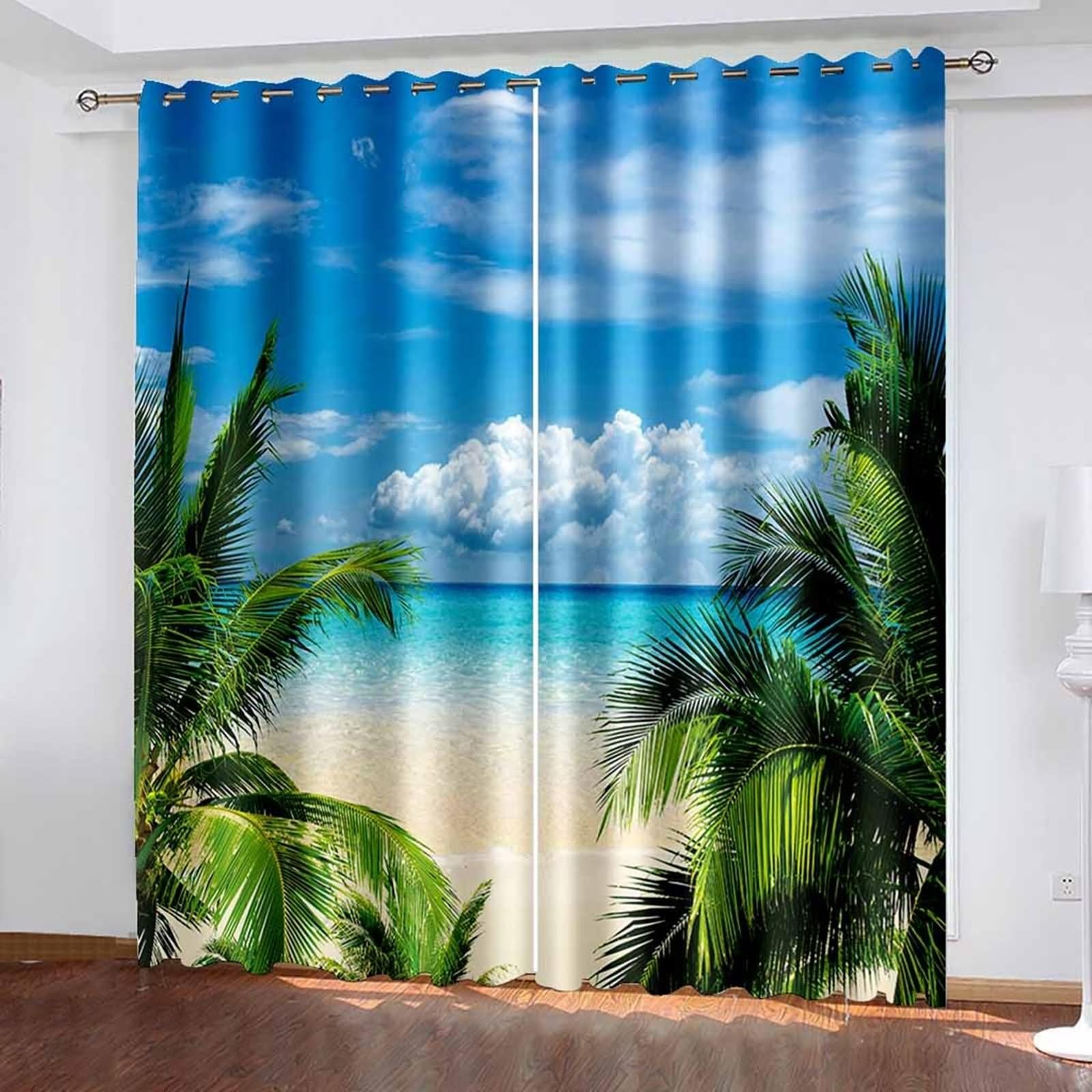 Zasłona okienna do sypialni, zielona palma niebieska zasłona zaciemniająca z widokiem na morze i plażę poliester zestaw 2 szt. 172 x 138 cm