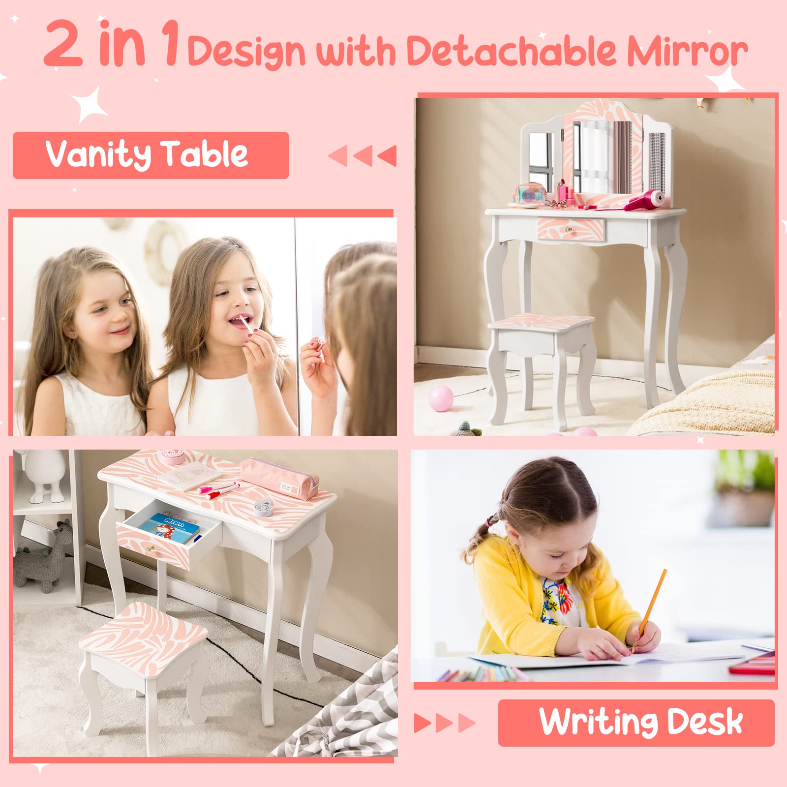 GOPLUS Tocador Infantil de Madera, Tocador de Maquillaje Princesa con Taburete y Espejo, Placa Extraíble, Mesa de Cosméticos con Cajón, 60 x 27,5 x 97,5 cm (Cebra Rosa)