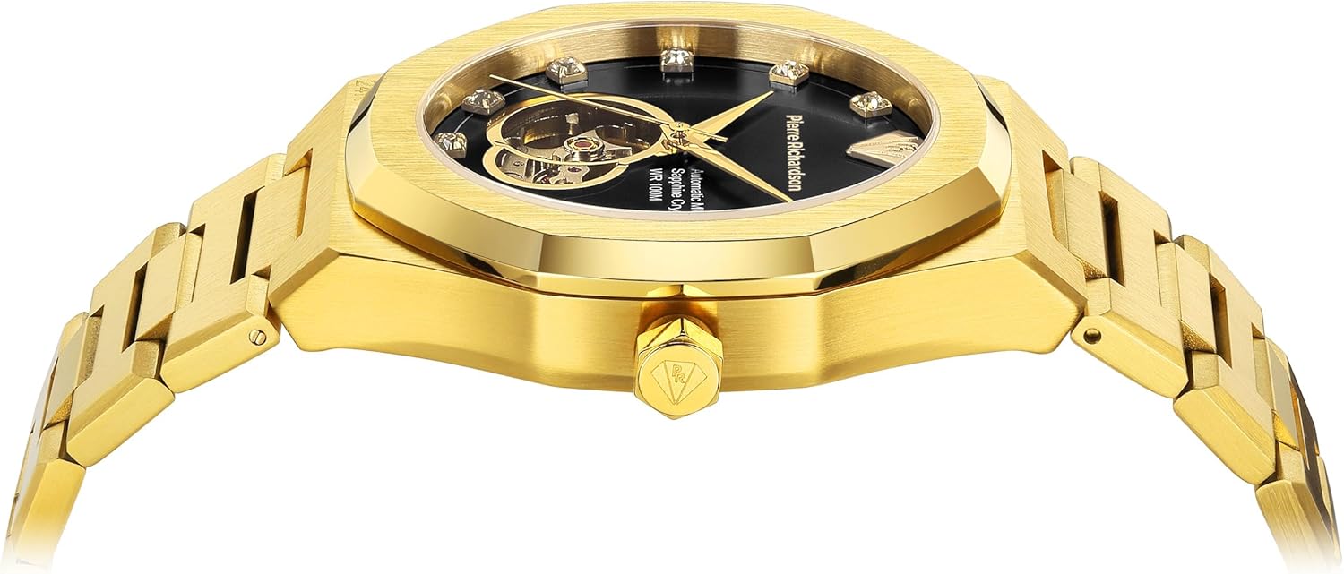 PIERRE RICHARDSON PR5922 Men’s Watch, Black Dial, 24K Pure Gold Plated, Automatic, Sapphire Glass, 41mm, 10ATM