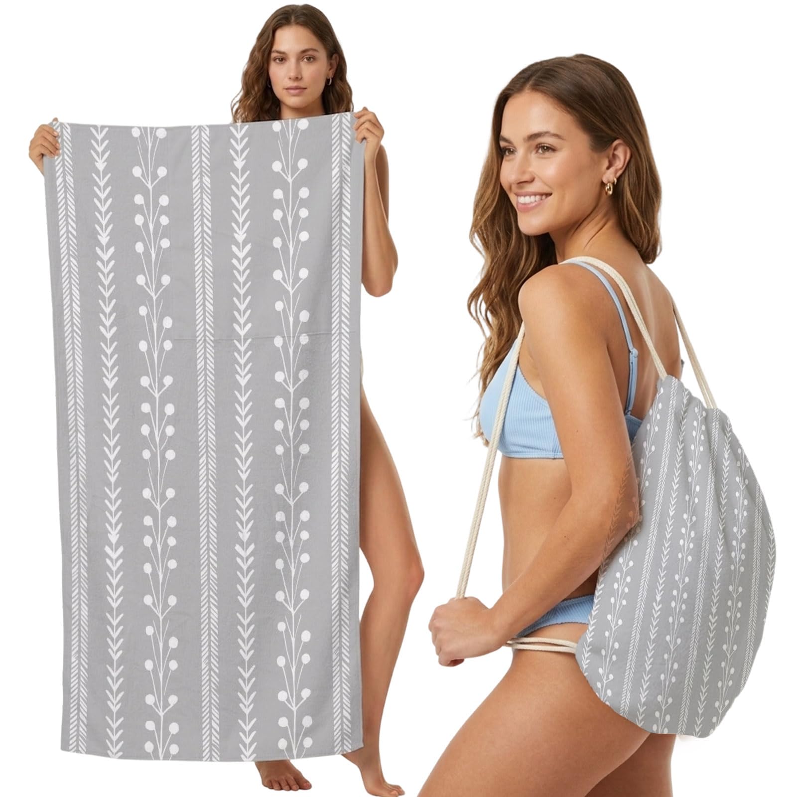 Beach Towel Bag 2 in 1 Grey Leaves Lines Bath Pool Towels Backpack Leaf Vines Vertical Stripes Absorbent Beach Towel Soft Quick Dry Lightweight Packable Towels Drawstring Bag for Travel Sports Yoga