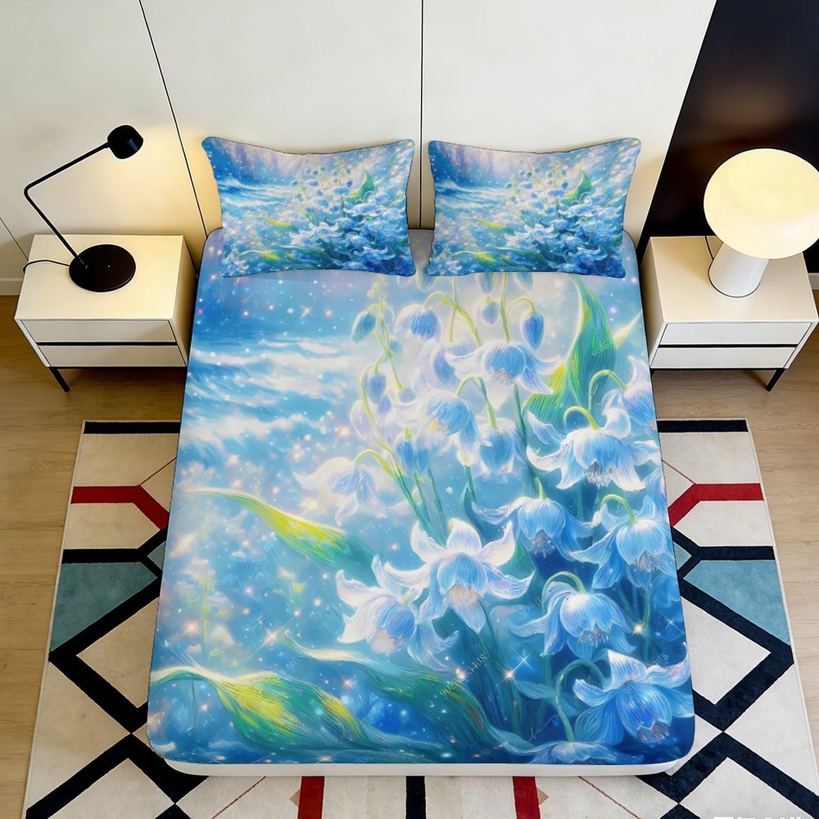 3D Printed Blue Floral Fitted Sheet Microfiber Soft Breathable White Lily Mattress Cover for Bedroom Dormitory Guest Room Protection Decor 120x200x25cm