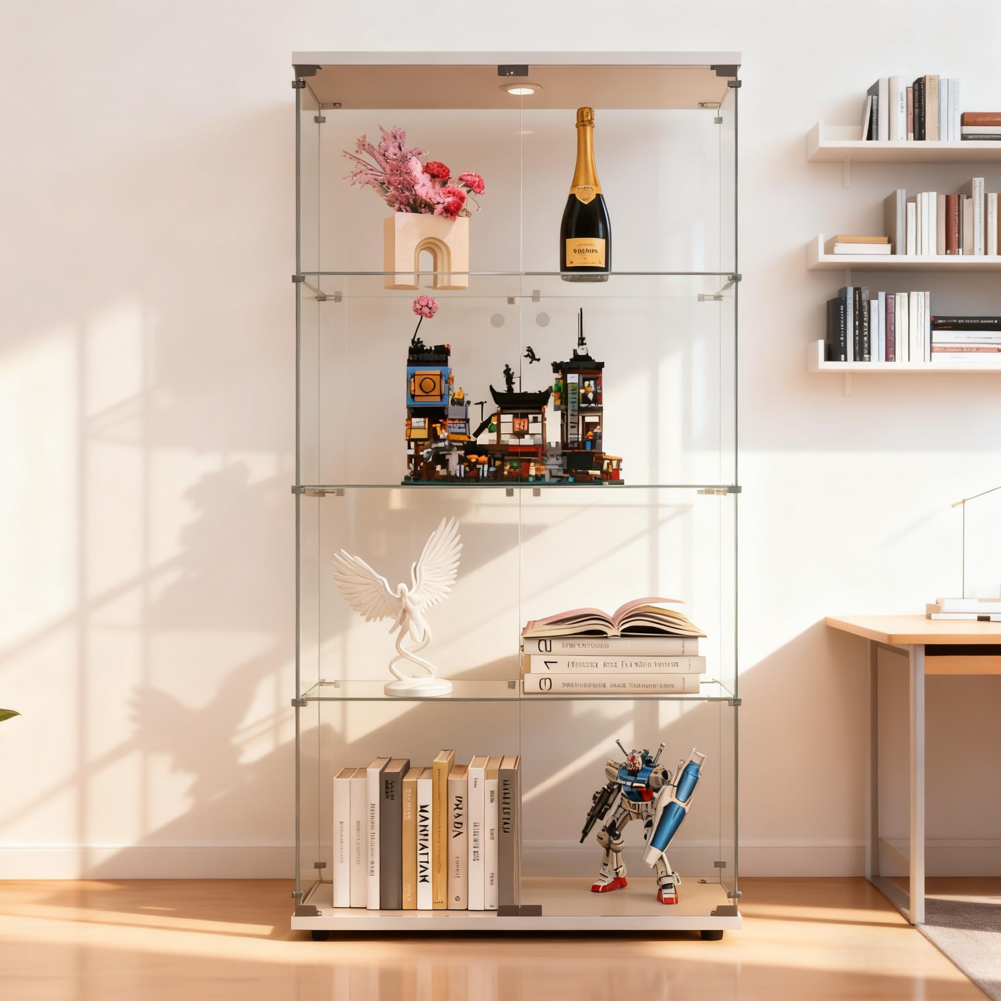 Vitrina de cristal con iluminación LED, vitrina de 4 pisos con puertas dobles, vitrina de colección, cerradura para salón, oficina, comedor y dormitorio, vitrina de cristal (blanco)