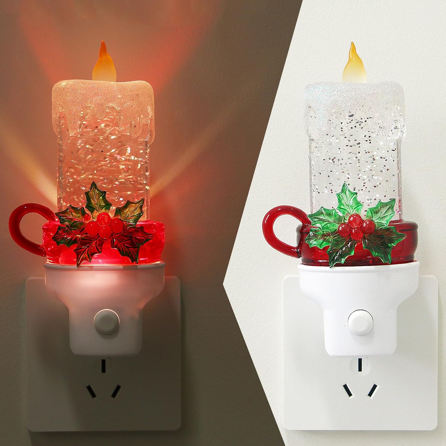 Christmas Candle Night Light Plug into Wall Swirling Glitter USB Portable Christmas Decorative Night Light Decoration for Kids Adults Bedroom Kitchen Living Room Holiday Decor (Candle)