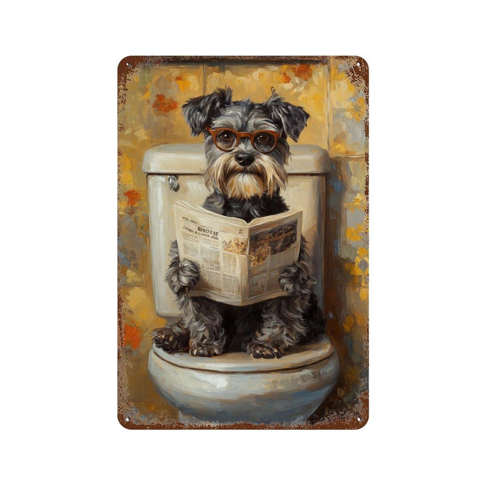 Dog Reading Newspaper on Toilet-41 Weathered Tin Sign 11.8"x7.9", Rustic Home Decor for Garage, Bar And Workshop Decor