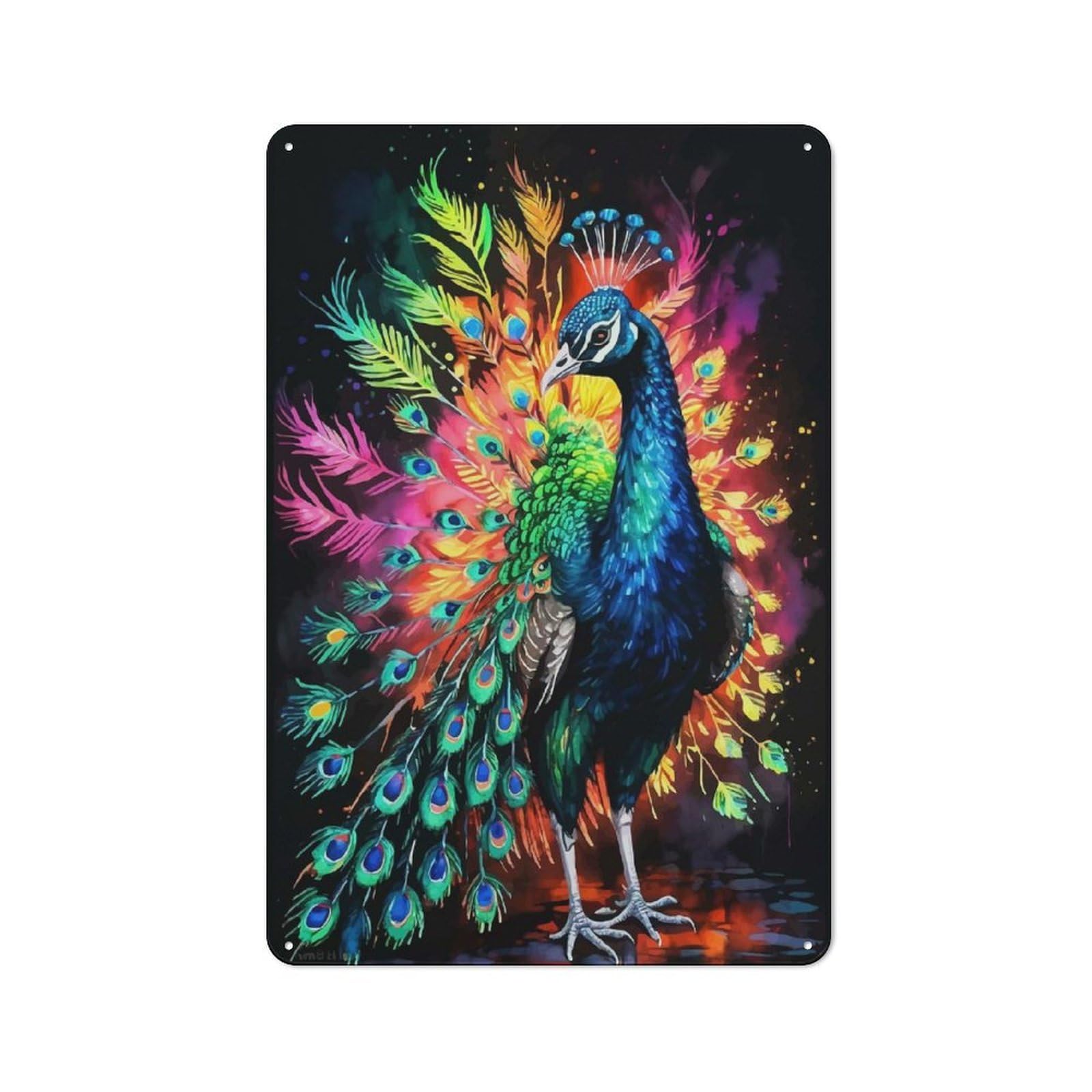 Vintage Metal Sign with Peacock Watercolor Art Design 30x20cm, Vintage Bar Wall Plaque for Cafe, Pub, Workshop Or Home Bar