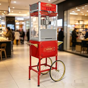 Commercial Popcorn Machine with Cart & Wheels - Professional Popcorn Machine 32OZ Stainless Steel Kettle, Warming Deck & Tempered Glass, for Corporate, School, Institutional, Theater, Home Use, Red