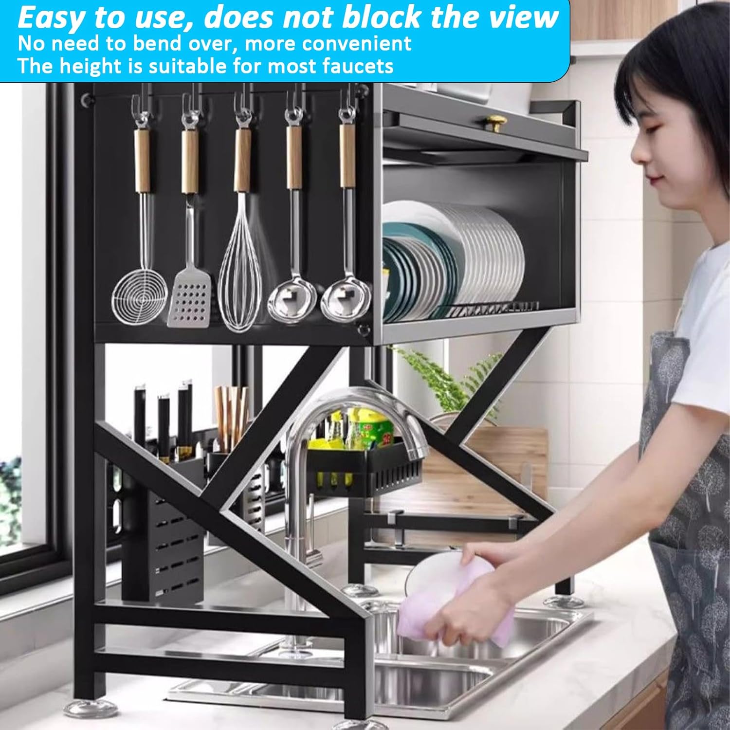 Dish Drying Rack, Over The Sink Dish Drainer Drying Rack 3 Tier Dish Rack with Cover for Kitchen Sink Shelf Organized Space-Saving Dish Rack with Cover for Dishes, Glasses, Bowls, and Cutlery