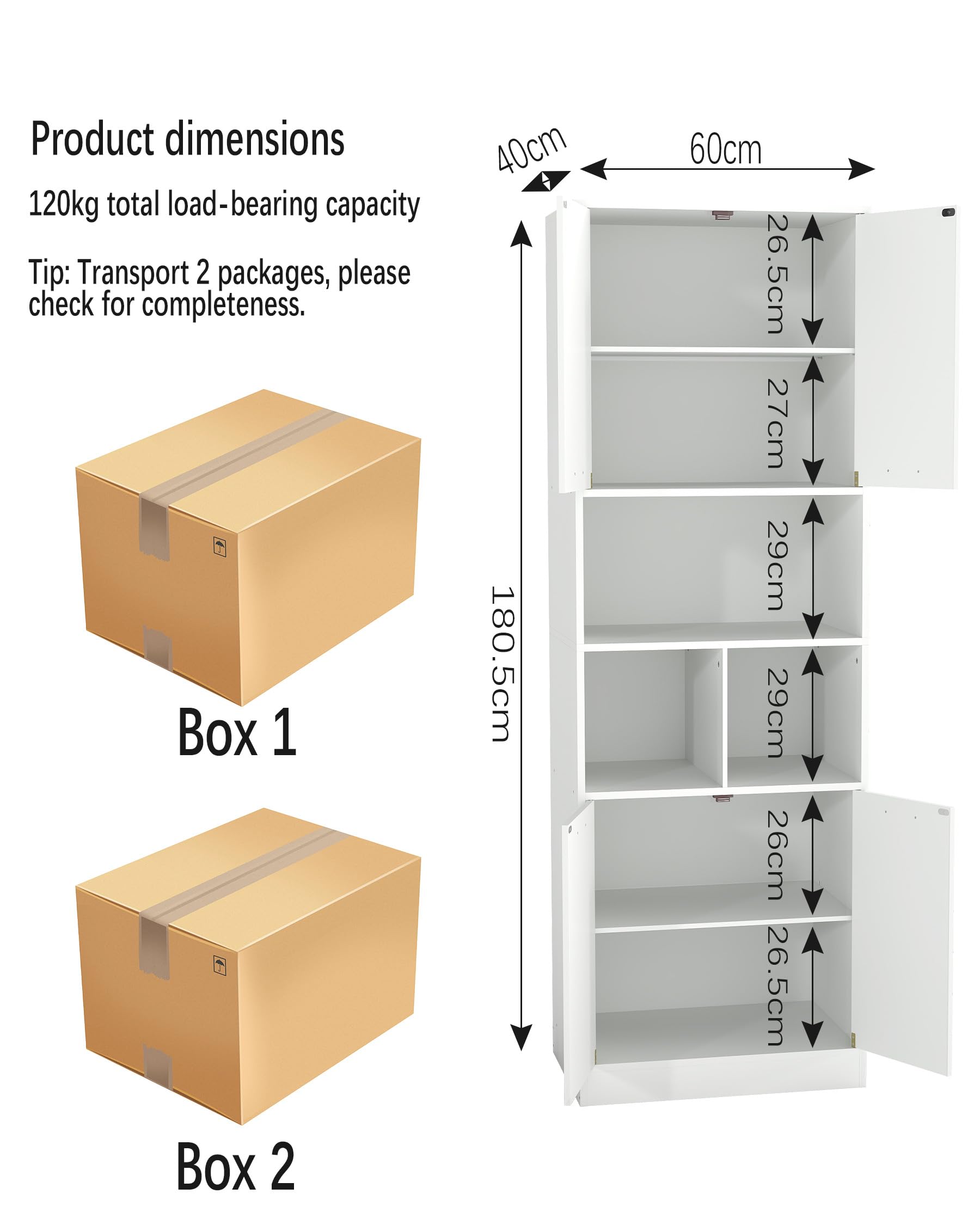 Mehrzweckschrank 60 cm Breit mit Türen, Apothekerschrank Küche 2 Stück, Küchenschrank Weiß Schmal Hoch, Vorratsschrank Speisekammer Küche als Haushaltsschrank für Speisekammer