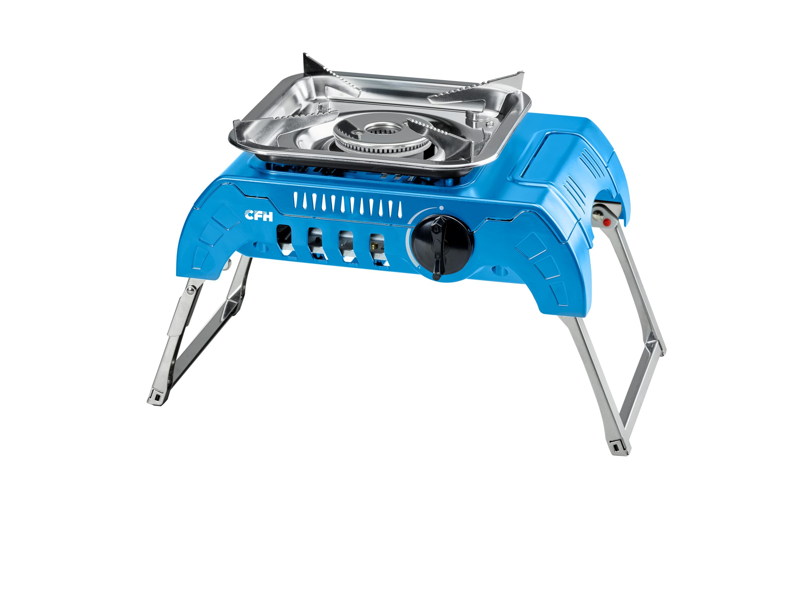 CFH Gaskocher Camping GK 425 – kompakter Campingkocher, 2,4 kW, Piezozündung, klappbare Standfüße, Edelstahl-Topfauflage, Kunststoffkoffer