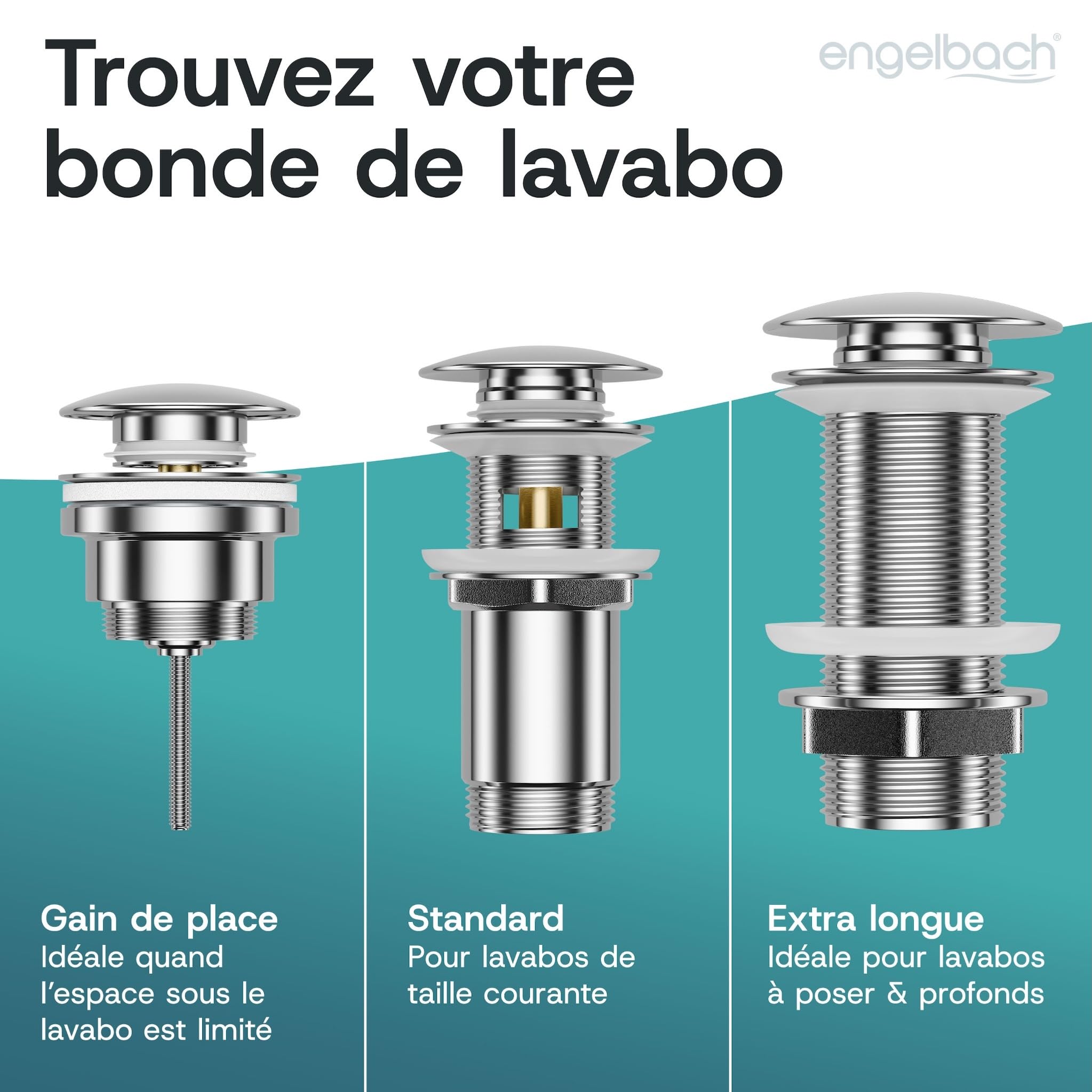 Engelbach Bonde de lavabo avec trop-plein Bouchon clic-clac 3 Joints Inclus Modèle Universel