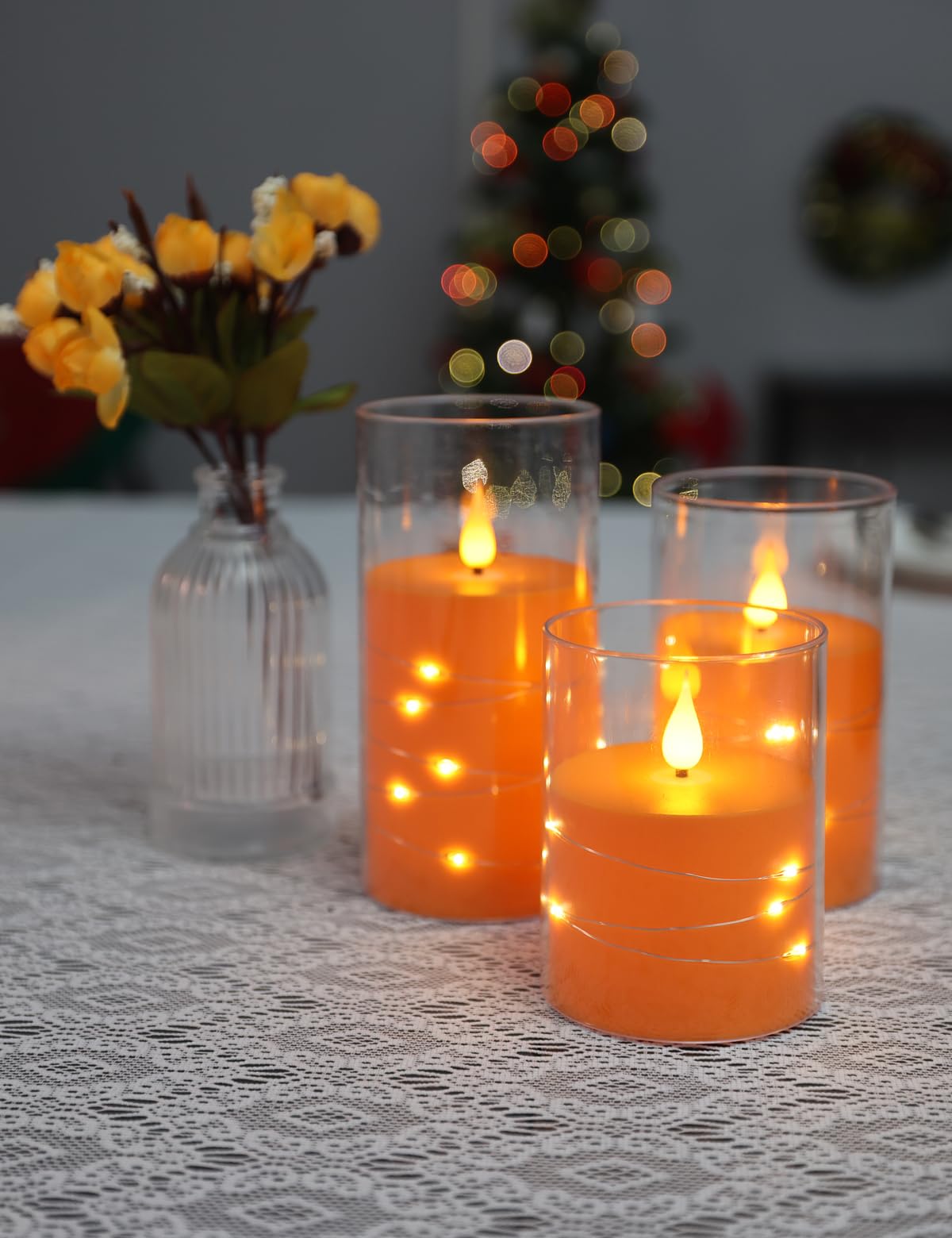 Da by Candele a LED, Candela da incasso arancione, candele a batteria, con luci a stringa incorporate 3 candele senza fiamma, funzione timer 24 ore, fiamma danzante, cera reale