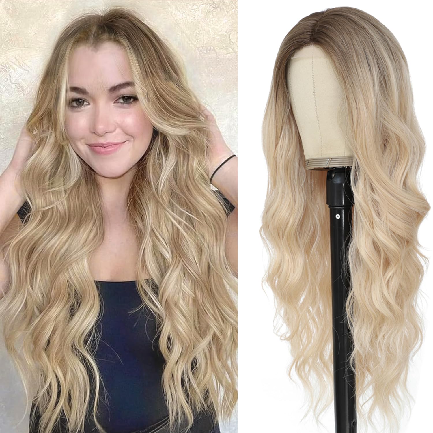 BEAUTIFA Blonde Wig for Women, Long Blonde Wavy Wig Middle Part 26 Inch Blonde Wigs Natural Looking Heat Resistant Synthetic Wig for Daily Party Use