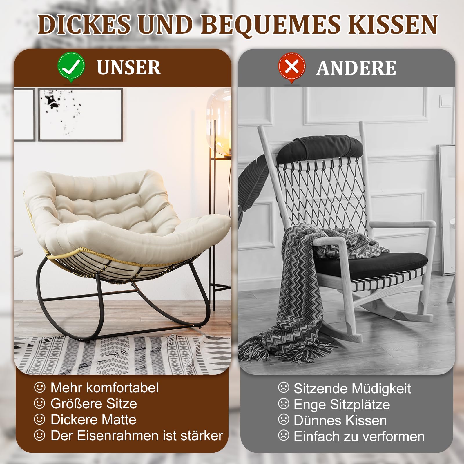 TWSOUL Fotel bujany do ogrodu, salonu, fotel relaksacyjny, rattanowy, fotel balkonowy, fotel bujany z wyściełaną, obciążenie do 150 kg, do ogrodu, sypialni, salonu, na balkon (beżowy-XL)