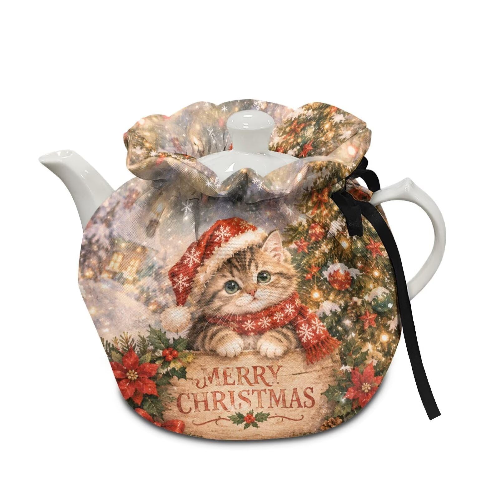 Poceacles Tea Cozy for Christmas Party, Kitchen Kettle Dust Cover Cloth for Breakfast Pot Coffee Pot Protector Tabletop Holiday Decorations, Cat Merry Christmas Print