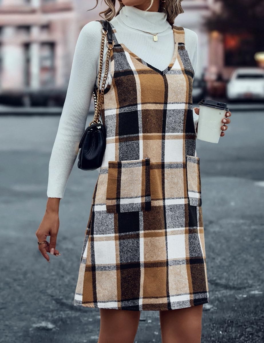 IDEALSANXUN Plaid Overall Dress for Women Fall Winter Sleeveless Plaid Dresses with Pockets - Image 6