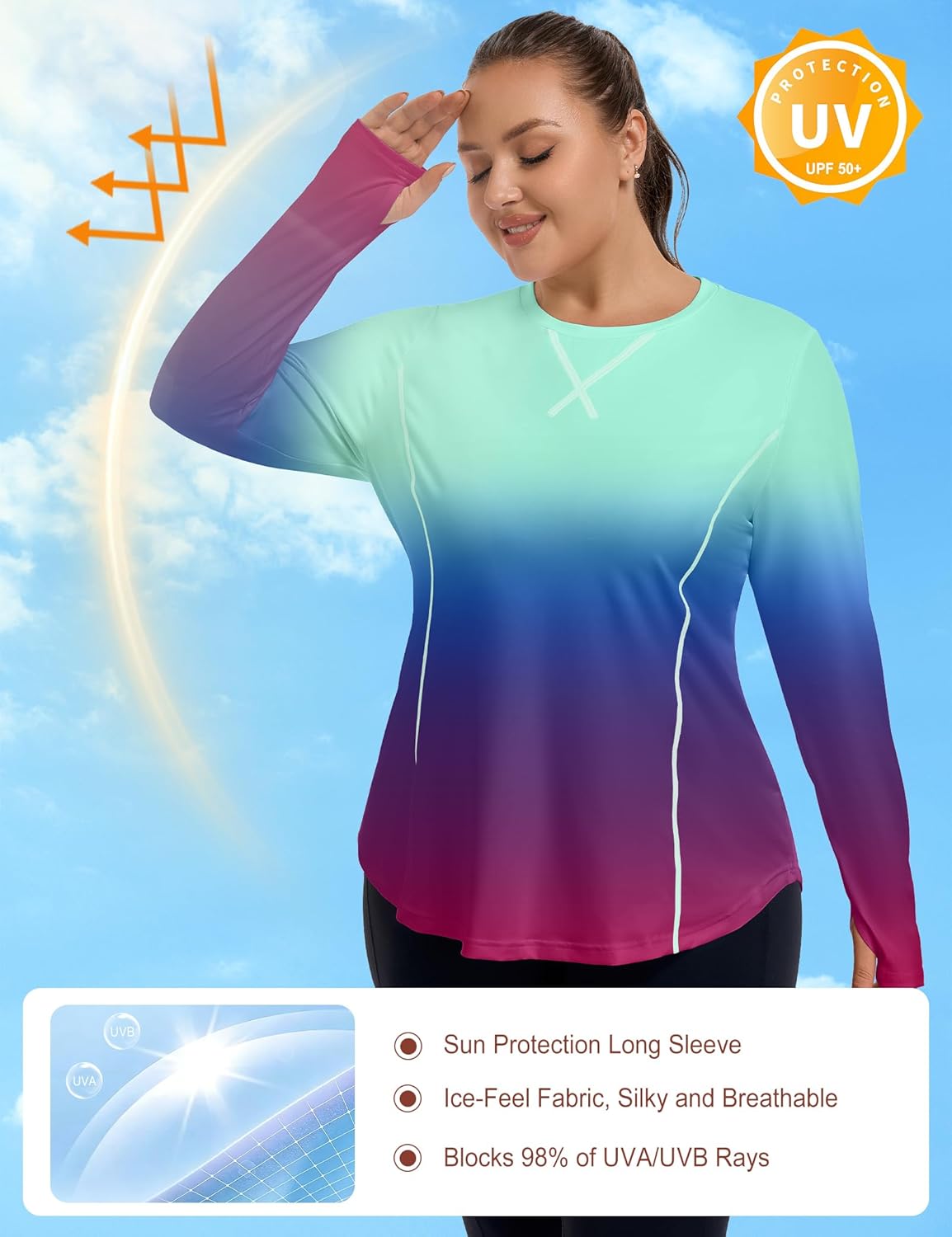 FOREYOND Women’s Plus Size UPF 50+ Long Sleeve Sun Shirt with Thumb Holes Quick Dry Athletic Hiking Running Workout Tops
