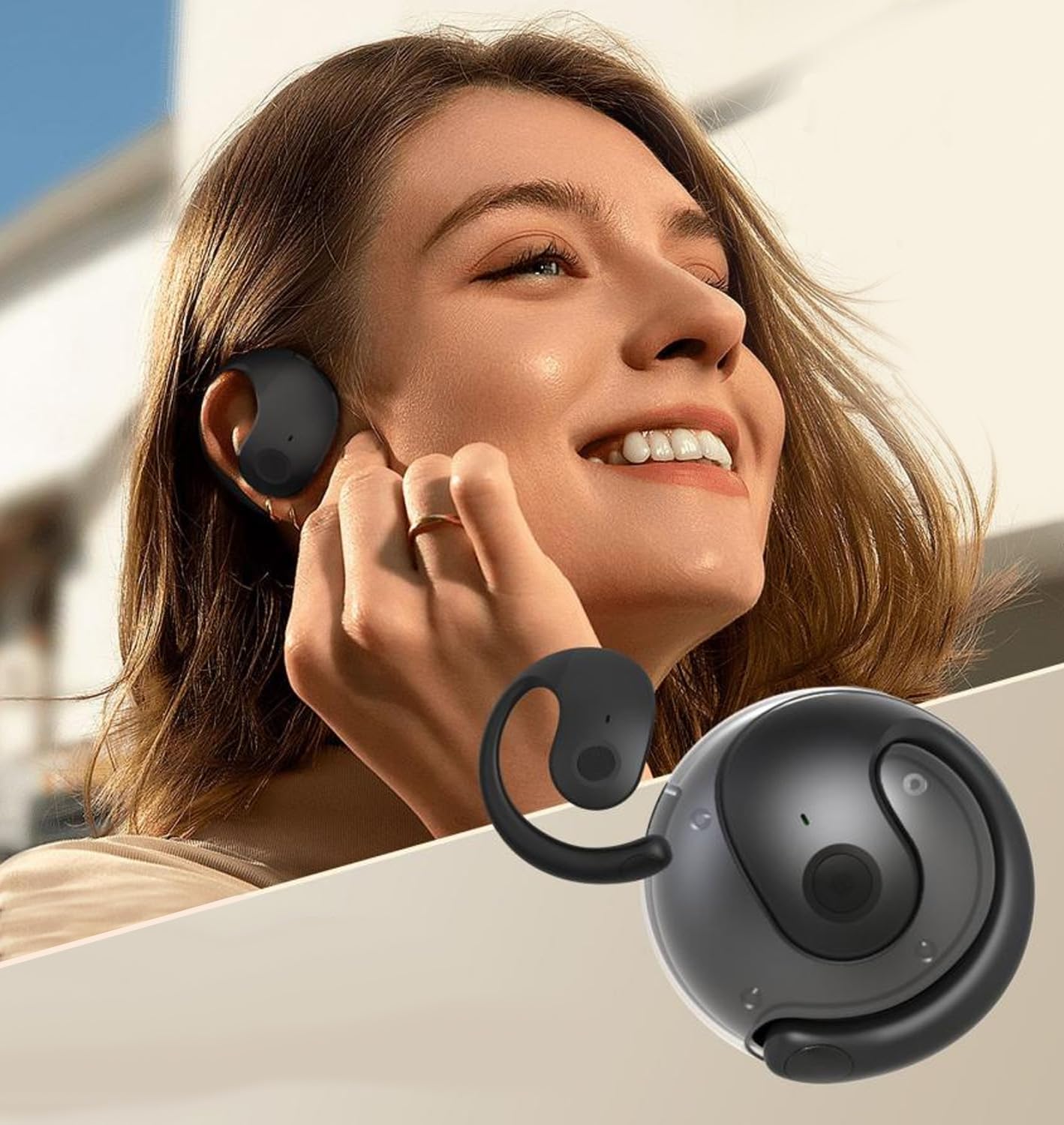 Three icons representing earbud design, internal components, and water resistance