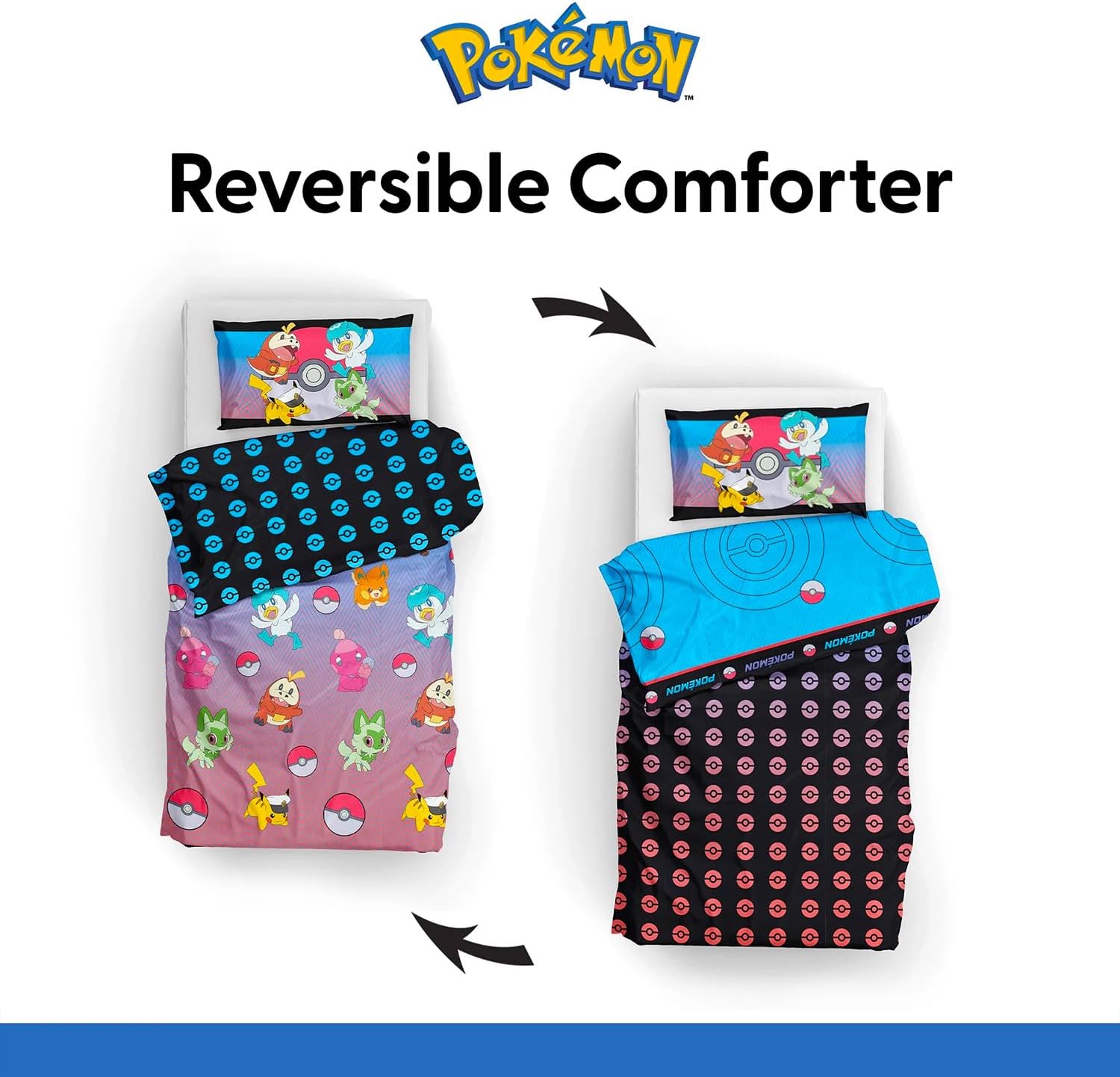 Pokemon Bedspread Twin Set for Kids - Bundle with Reversible Cartoon Quilted Bedspread for Twin/Full Bed Plus Pillowcase, Stickers, More | Pokemon Twin Bedding Set for Boys, Girls
