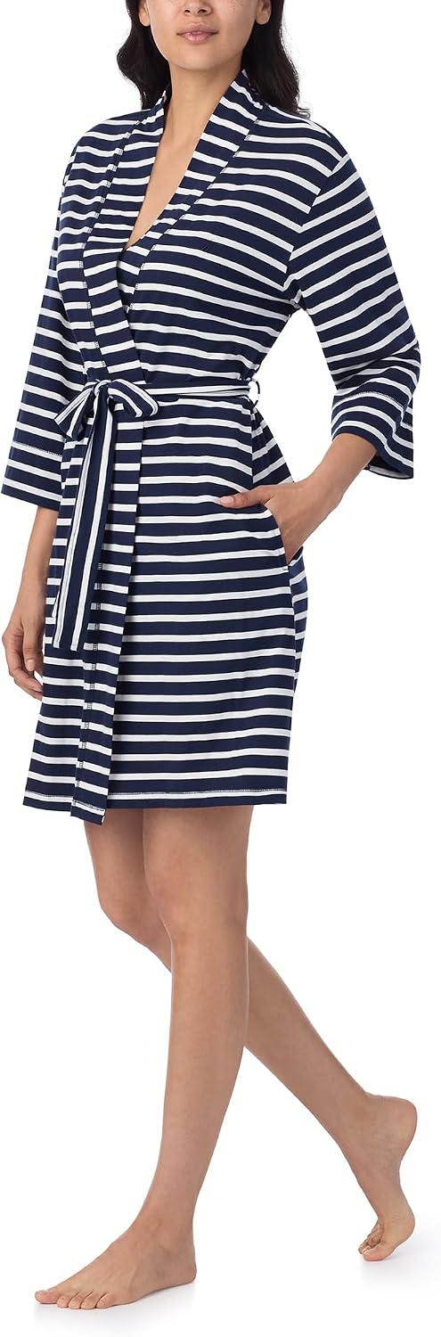 Nautica 100% Cotton 3/4 Sleeve Short Robes Kimono Bathrobe for Women | Womens Everyday Comfy Casual Bath Robe, Sleepwear Loungewear & Nightwear, Lightweight & Breathable Sleep & Lounge Clothing