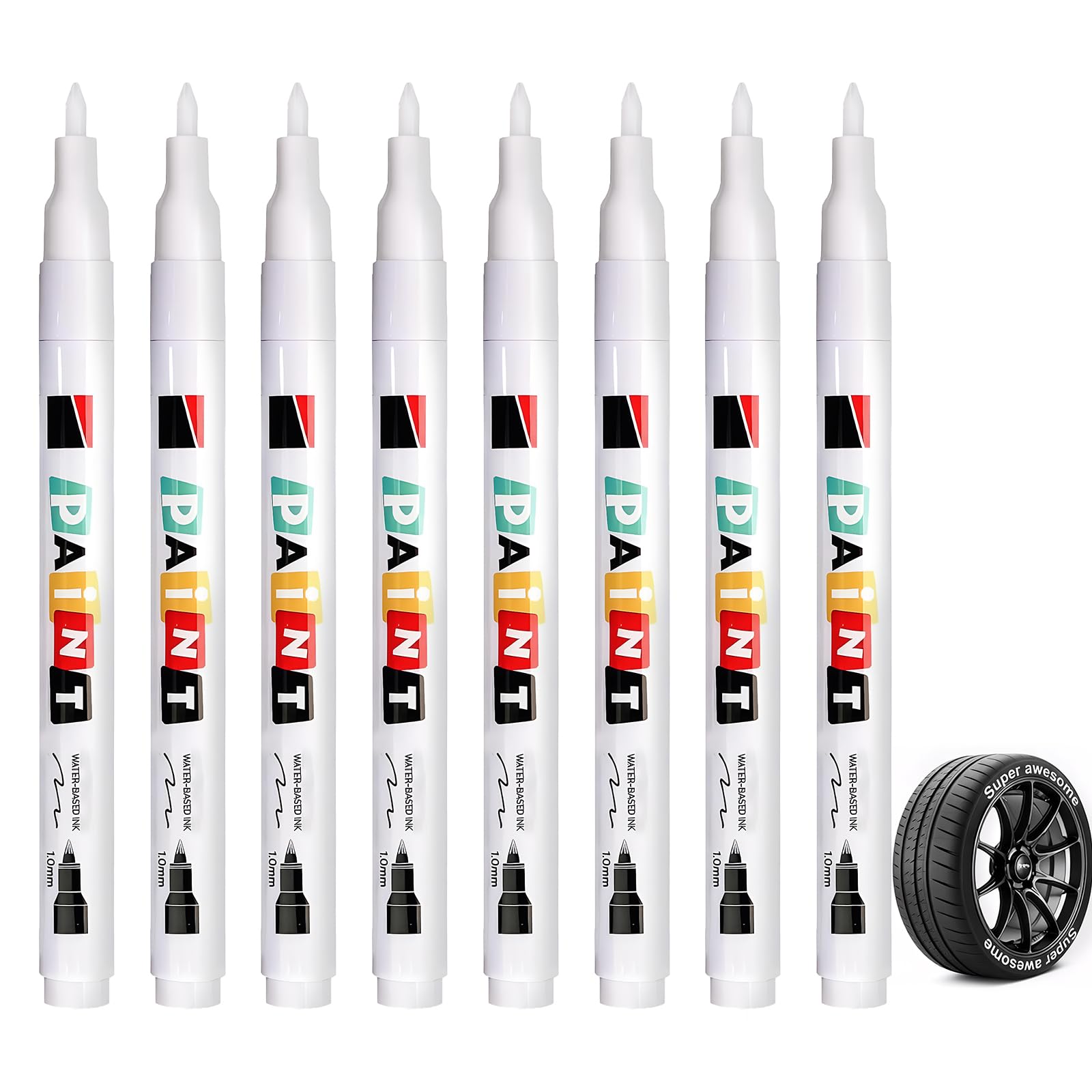 8 pennarelli per pneumatici bianchi, impermeabili, 3 mm, con inchiostro a base d'acqua, ad asciugatura rapida, per pneumatici di auto, moto e bicicletta, nonché gomma, vetro, metallo e plastica