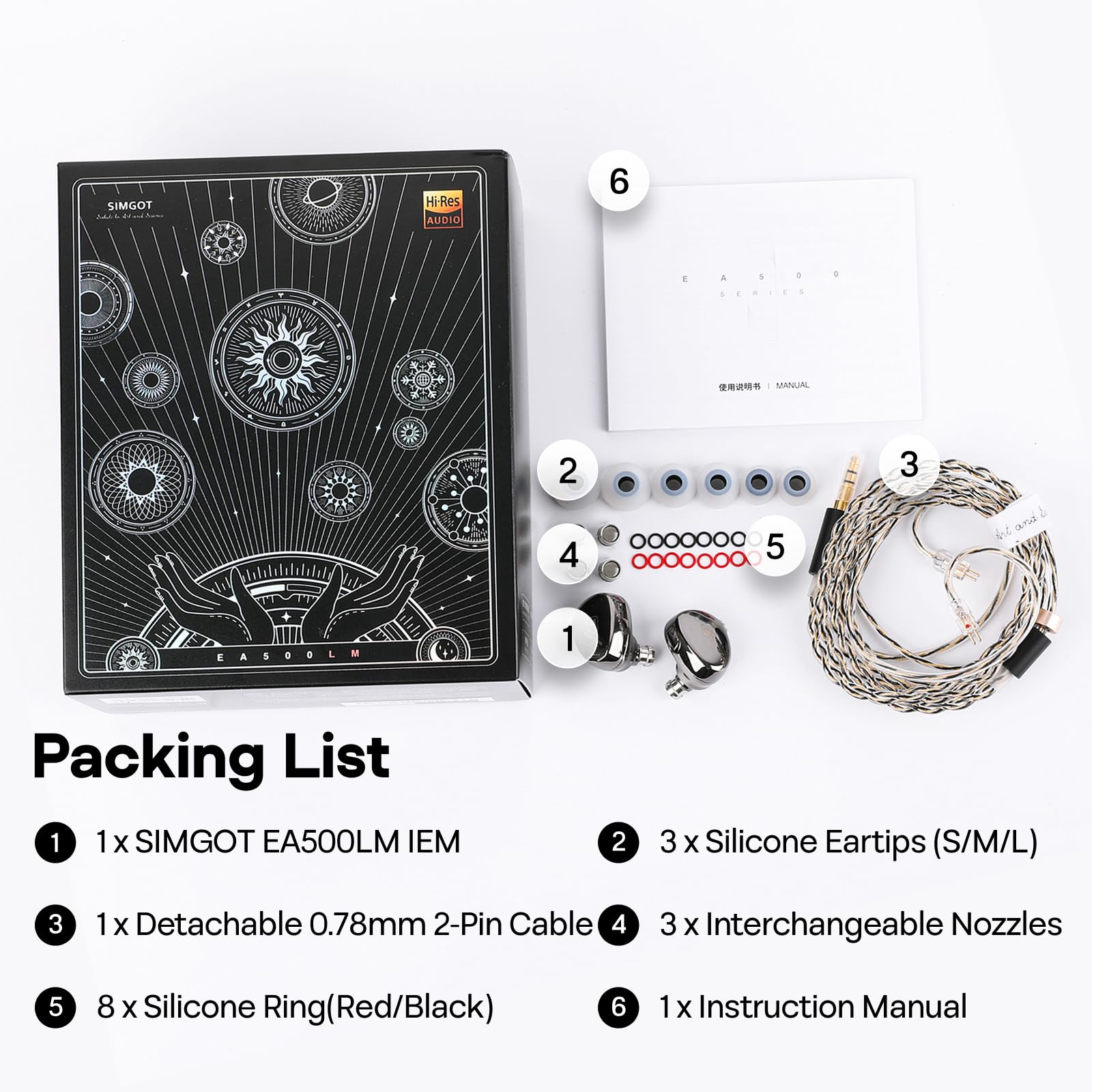 Simgot EA500LM słuchawki douszne z podwójnym magnesem i podwójną jamą, przewodowe słuchawki douszne HiFi z wymienną dyszą tuningową, odłączany kabel do audiofila/gier