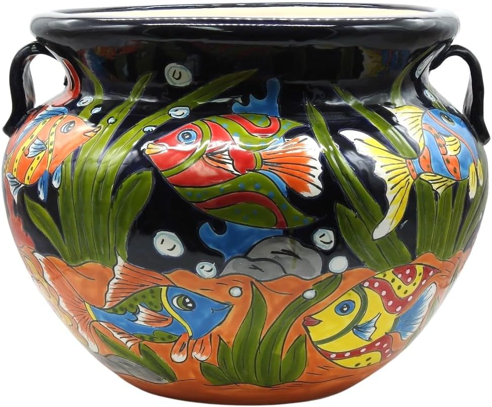 Michoacana Planter Large Hand Painted Pot Indoor Outdoor Multi Colored Dark Blue Fish
