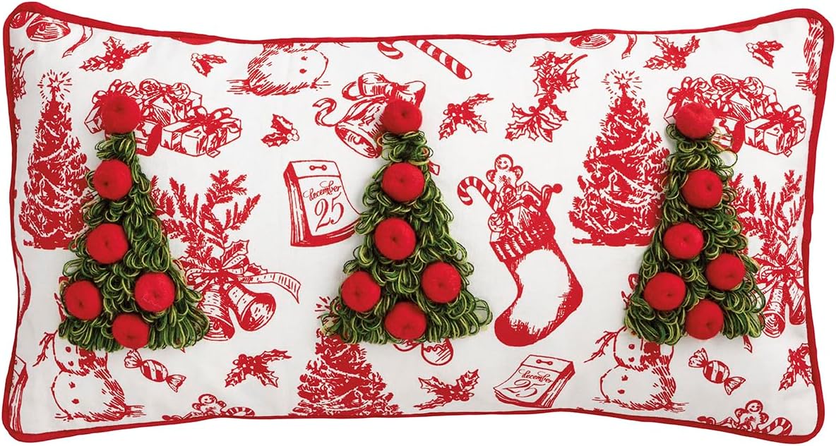 Mud Pie Christmas Tree Toile Embellished Pillow, 11 1/2" x 22", RED