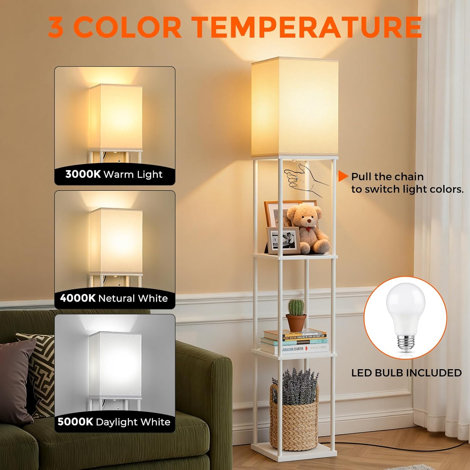 FOLKSMATE Floor Lamp with Shelves, 3-Tier Modern Square Bookshelf Floor Lamp, 3 Color Temperature Bulb Included, Floor Lamps for Living Room Bedroom Corner - White
