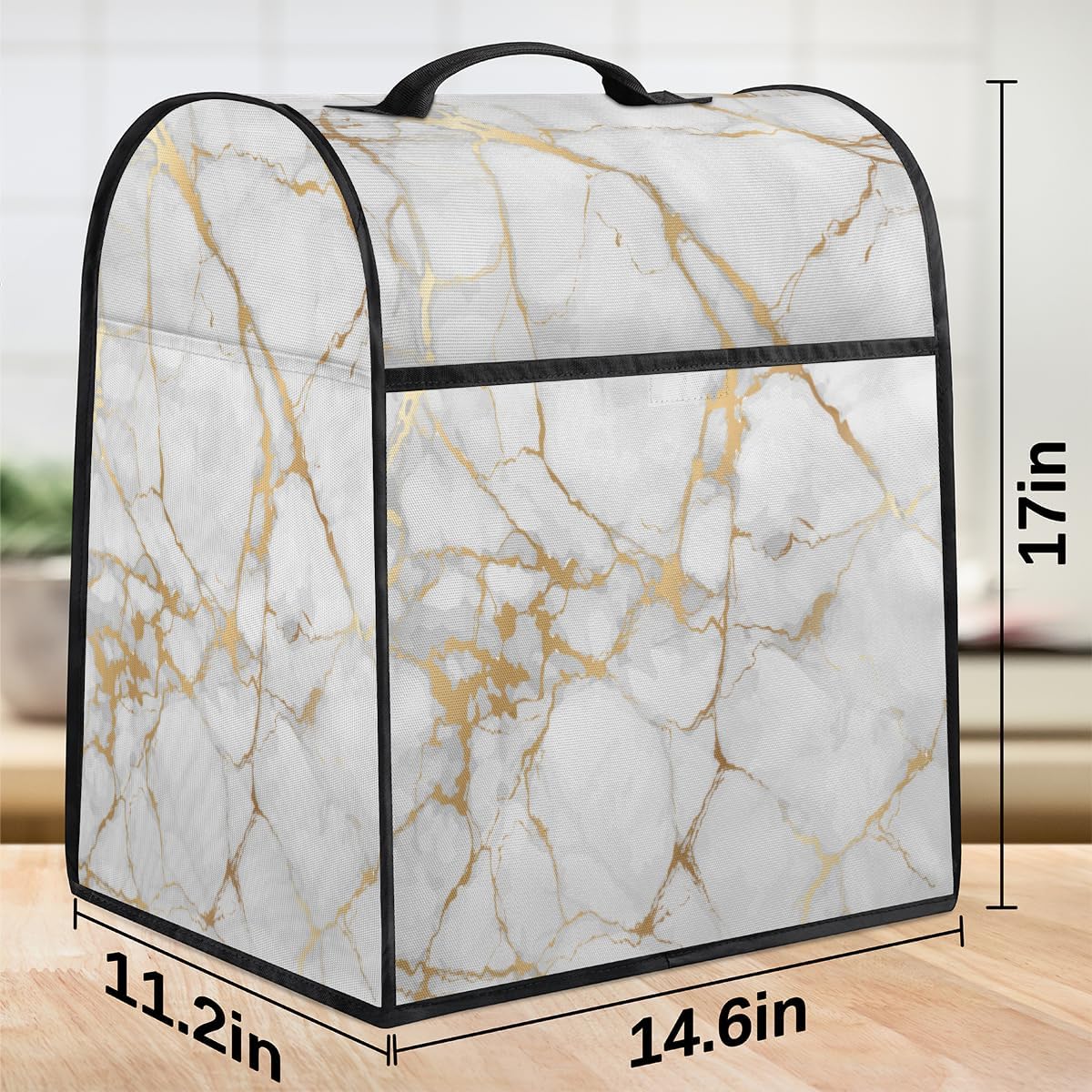 White Gold Marble Kitchen Aid Mixer Cover Compatible with 6-8 Quarts, Marble Stand Mixer Cover, Dust Cover with Zipper Pocket, Kitchen Aid Mixer Accessories, Kitchen Appliance Organizer Bag
