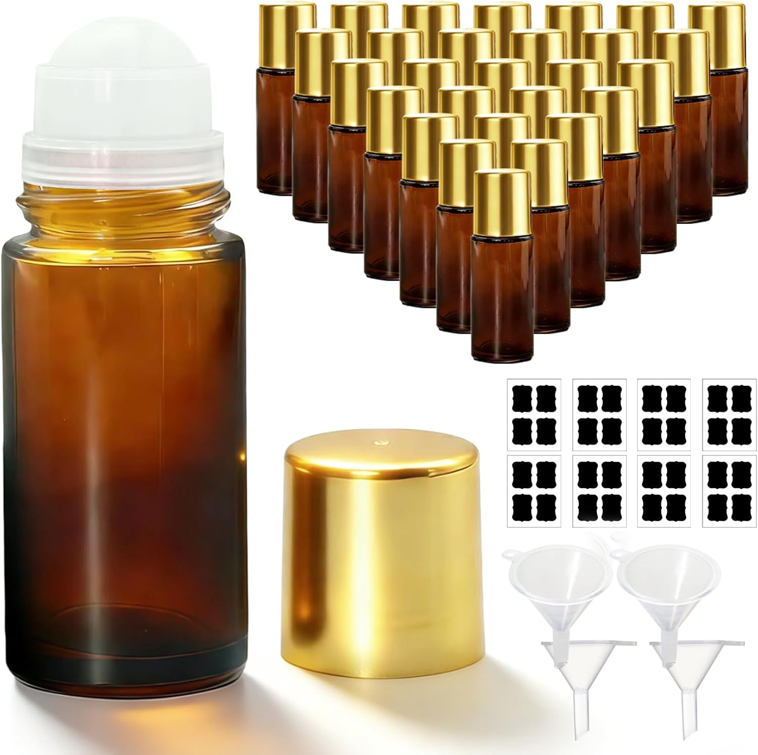 28 Pack 50ml Roller Bottles for Essential Oils - Refillable Amber Glass Roll Bottles with Roller Ball and Golden Caps for Travel, Perfume, and Personal Care