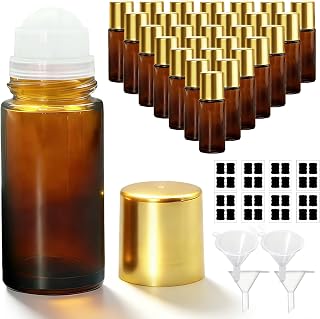 에센셜 오일용 50ml 롤러 병 28팩 - 여행, 향수 및 개인 관리를 위한 롤러 볼과 골든 캡이 있는 리필 가능한 앰버 유리 롤 병