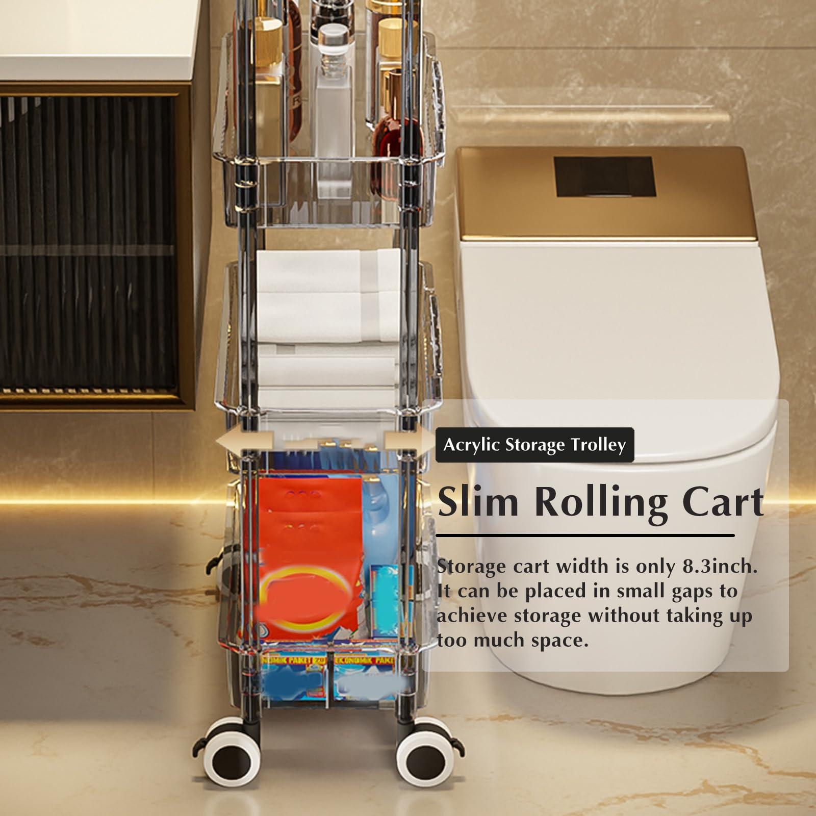 Carrello Portaoggetti Sottile, Carrello Multiuso in Acrilico per Bagno da Cucina con Scaffalatura Mobile Multifunzione con Maniglia,Grigio,3 Tier